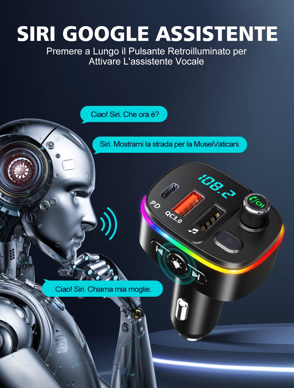 Mohard Bluetooth Auto, QC3.0 & PD 18W USB C Trasmettitore FM Bluetooth Auto, Supporto Chiamate Vivavoce Adattatore Radio Veicoli Caricabatterie per GPS, 9 RGB Retroilluminati Hifi Siri Assistant