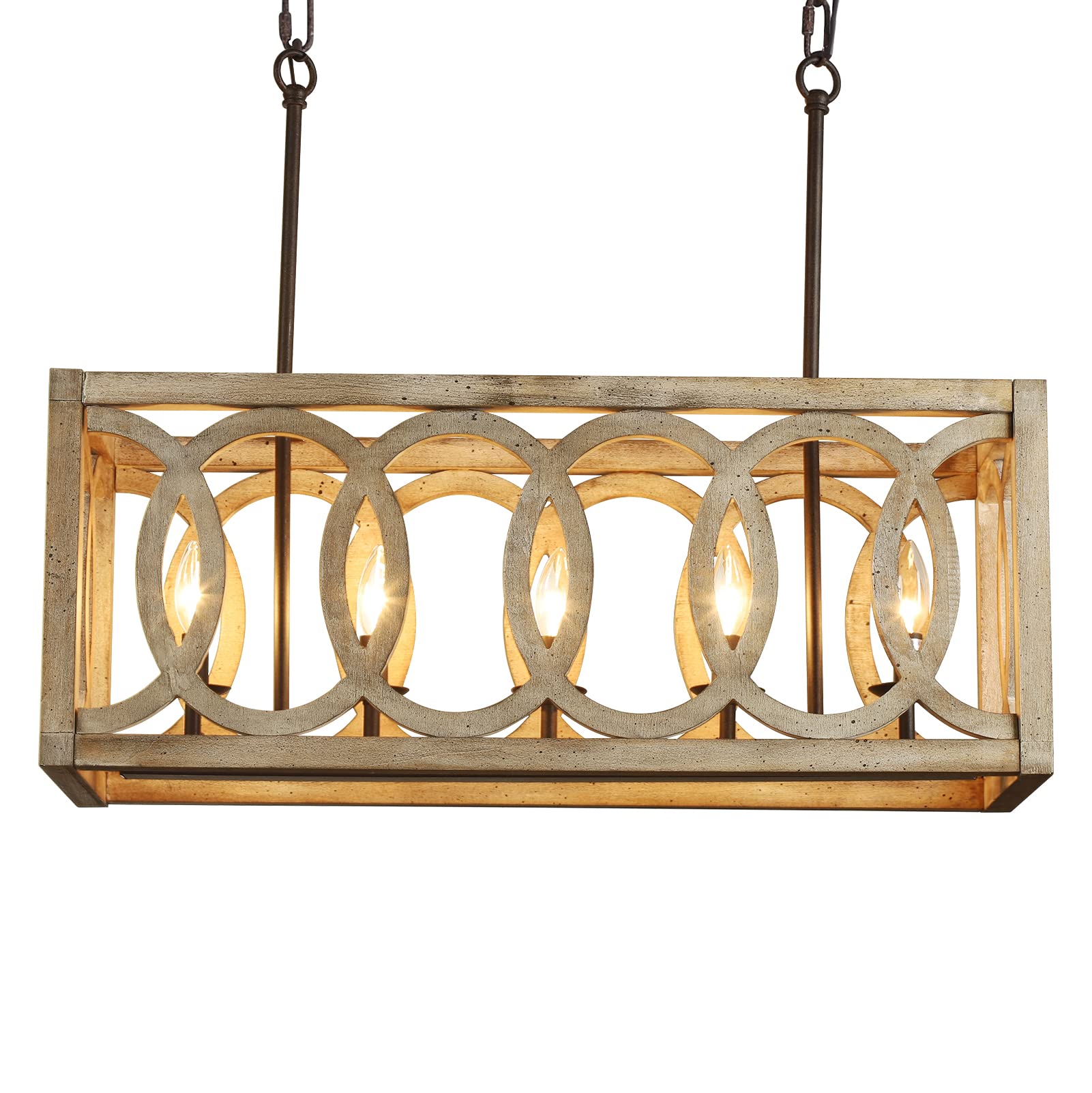 Farmhouse Kitchen Island Chandelier Ceiling Light, Rectangle Rustic 5-Light Wood Chandeliers for Dining Room, Linear Hanging Pendant Light Fixtures Over Table , 30-Inch