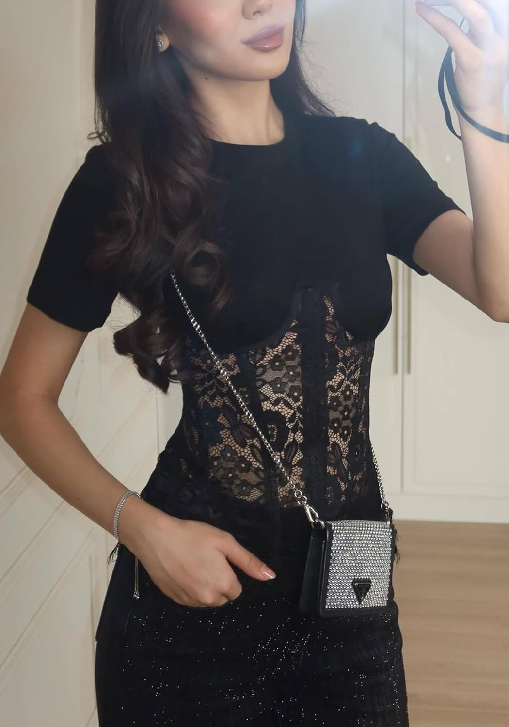 Unybwonn Women Lace Tops Sexy Short Sleeve Crew Neck Patchwork Crop T Shirt Slim Fit Sheer Mesh Going Out Corset Tee Top - Image 5