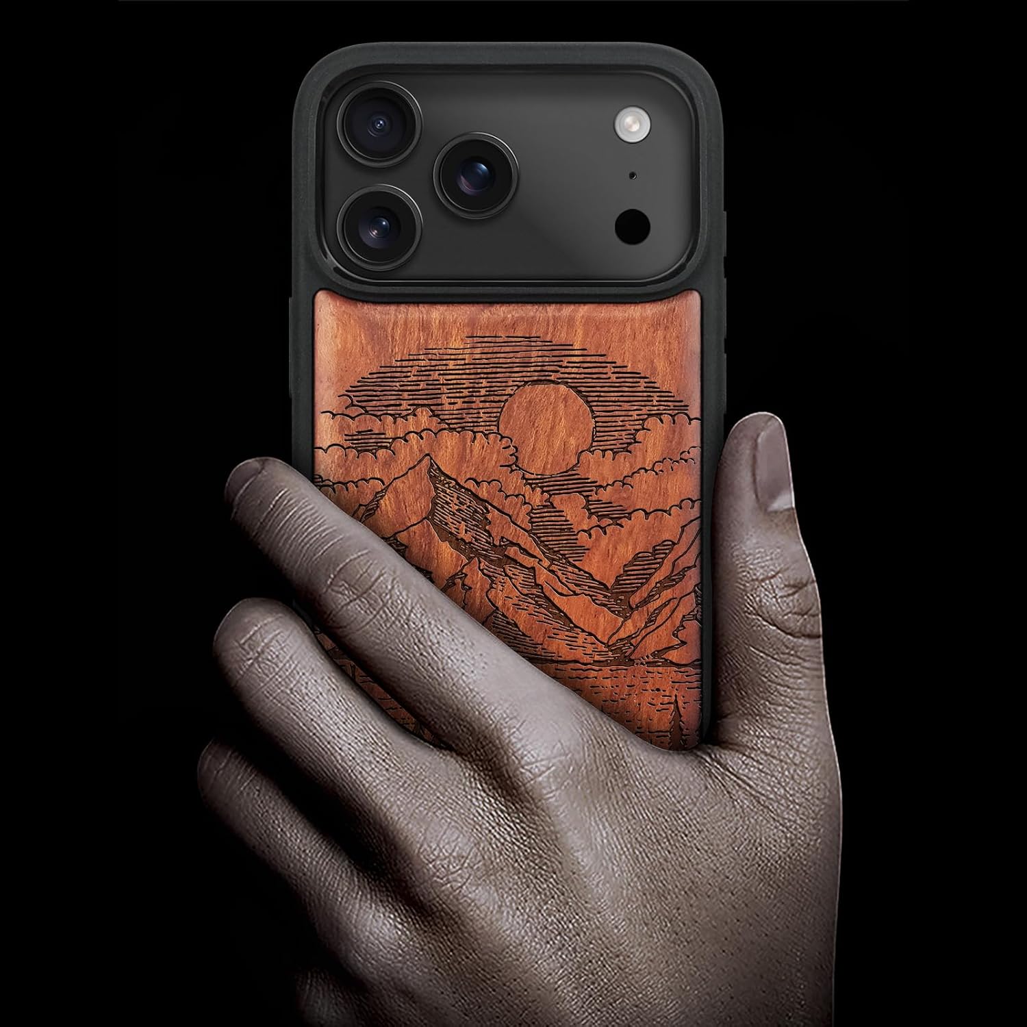 Carveit Magnetic Wooden Case for iPhone 17 Pro Case, Wood Artisan Engraved & Black Soft TPU Shockproof Cover, Compatible with MagSafe Wireless Chargers (Alpine Lakes) Rosy