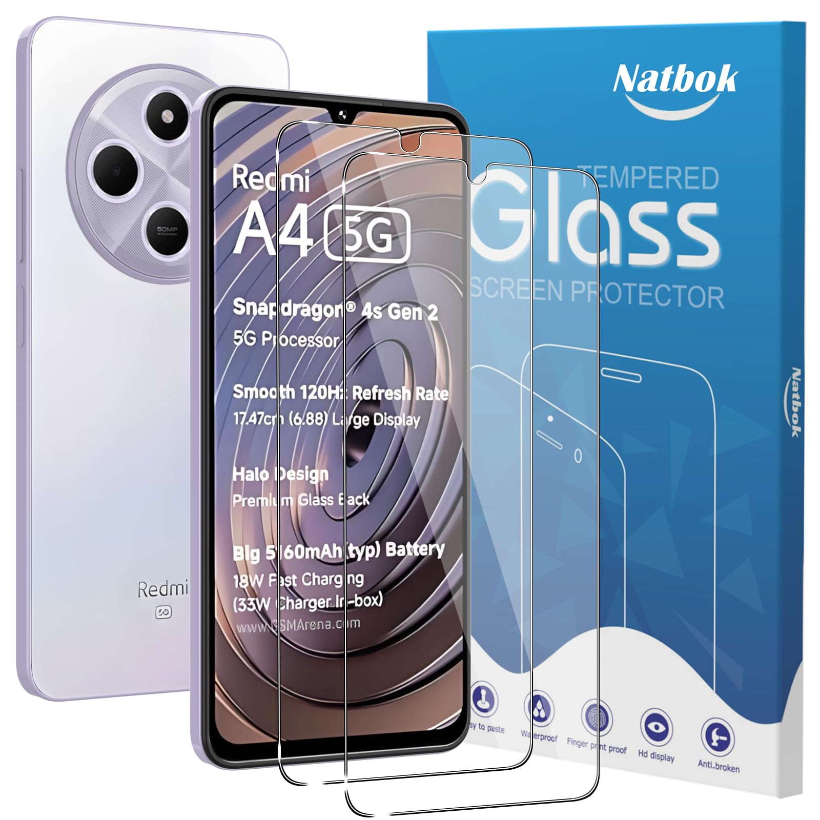 Natbok 2 Pack Compatible with Xiaomi Redmi A4/Redmi A5/Redmi A3 Pro/Redmi 14R/Redmi A4X/Poco C75 Screen Protector,Full Coverage 9H Tempered Glass Film,HD Clear Scratch Resistant,Bubble-Free