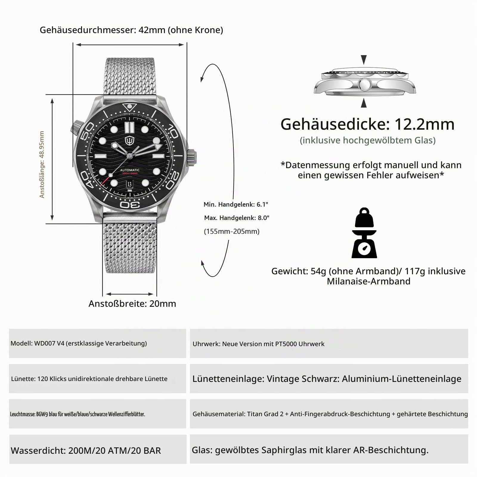 watchdives WD007 39mm Titanium Automatik Taucheruhr für Herren, PT5000 Hochfrequenz Mechanisches Uhrwerk, Grad 2 Titangehäuse, Top Hat Saphirglas, 200M Wasserdicht, BGW9 Leuchtende Militär Taucheruhr