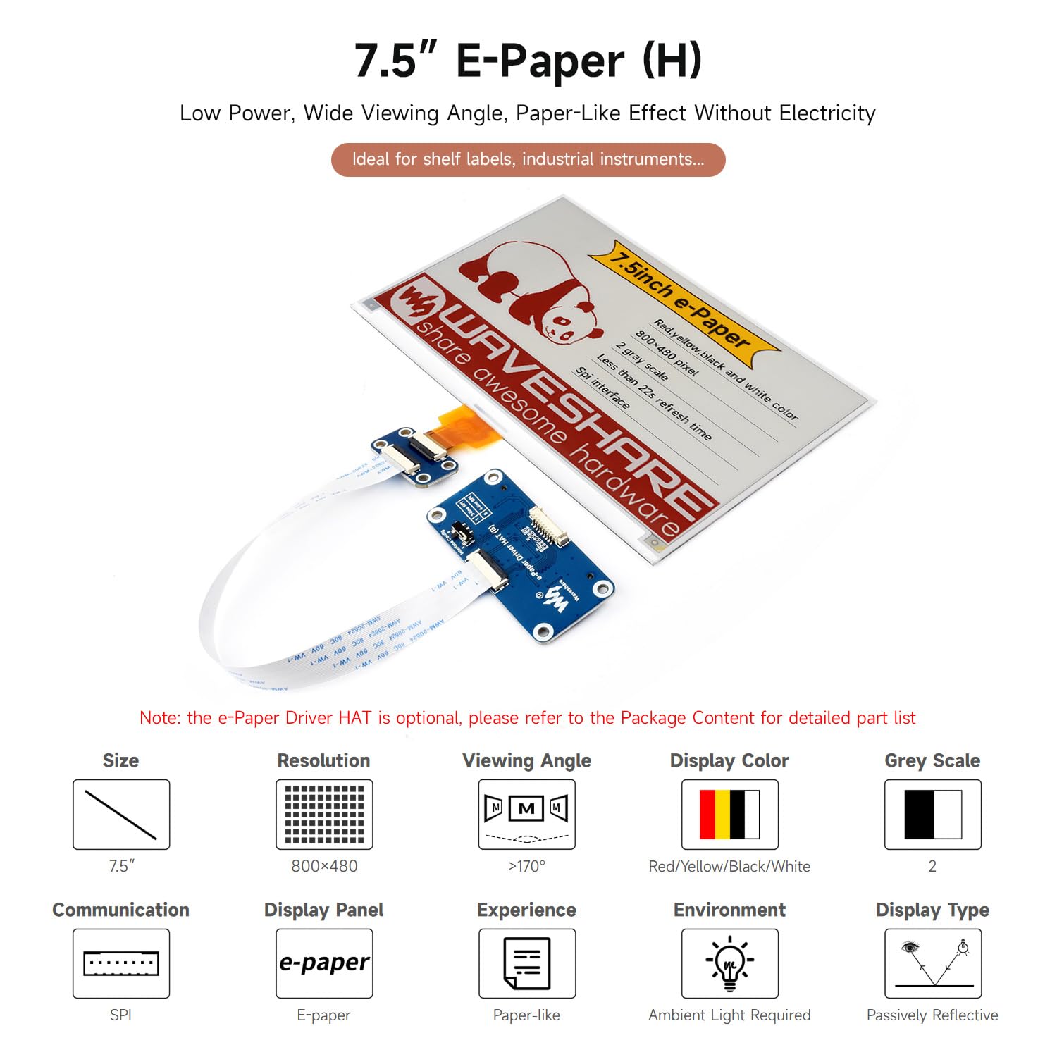 Waveshare 7.5inch e-Paper Display (H), e-Ink Display, 800x480, Red/Yellow/Black/White, SPI Interface, Without Driver Board, Raw Display Only