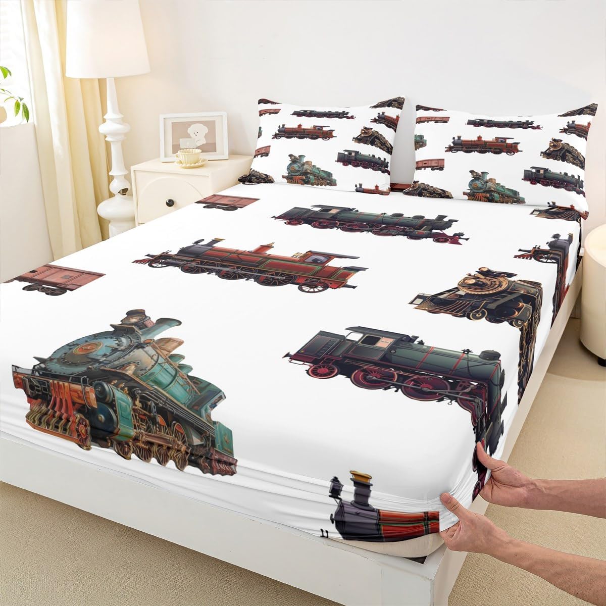 Feelyou Vintage Train for Kids Boys Retro Steam Engine Print Bed Sheets Queen Size Bedroom Decor Retro Steam Locomotive Train Print White Bedding Set with 2 Pillowcase (NO Top Sheet)