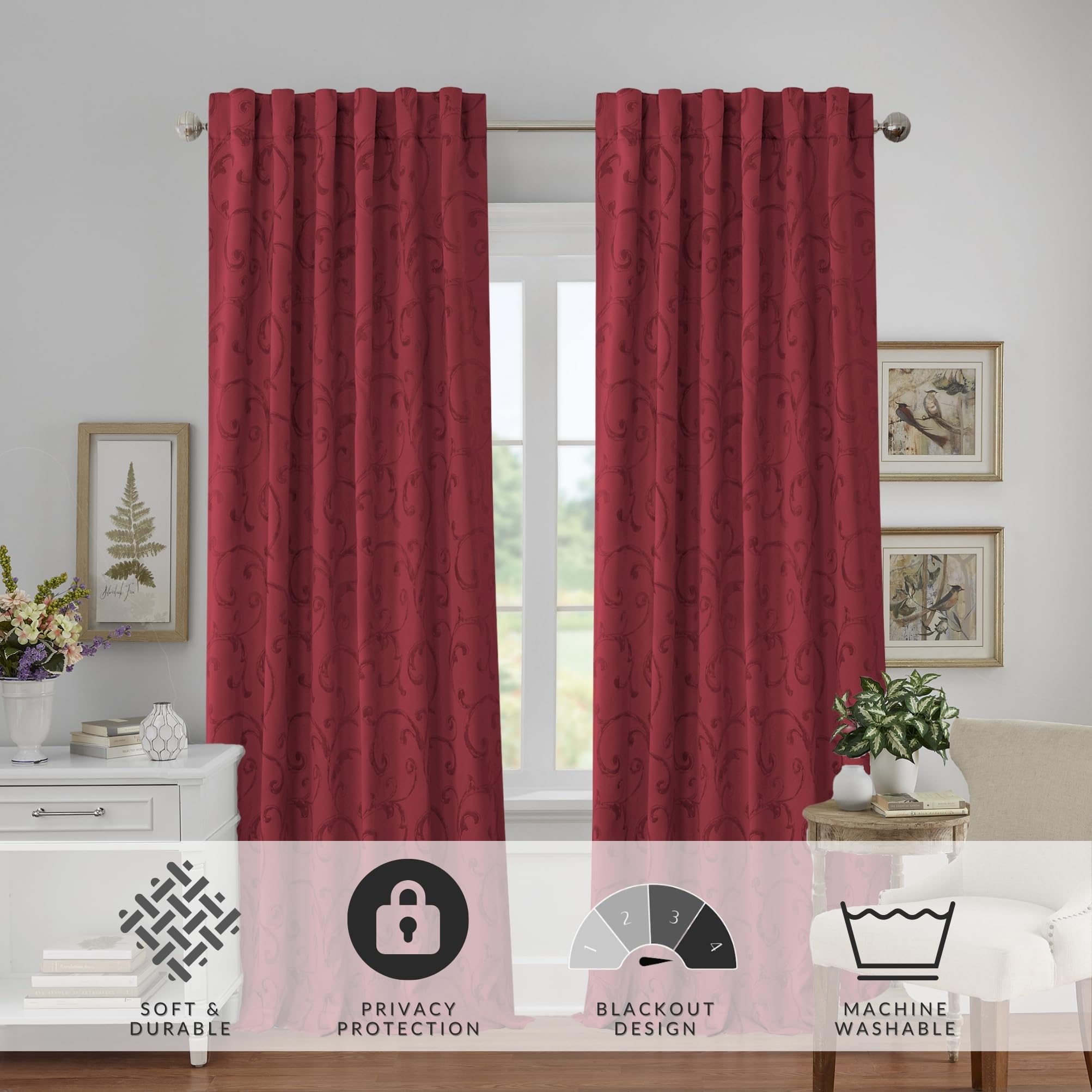 Elrene Home Fashions Mia Jacquard Scroll Blackout Window Curtain, 52" x 95" (1 Panel), Rouge, W 52" x L 95" (1 Panels) - Image 3