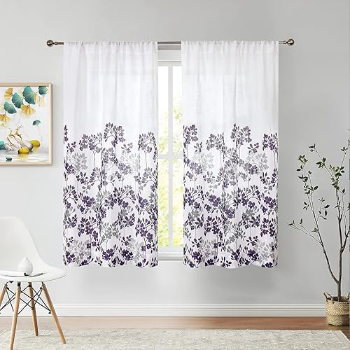 Cortina botánica semitransparente floral de granja con bolsillo para barra, 63 pulgadas de largo para sala de estar, dormitorio, hojas moradas y