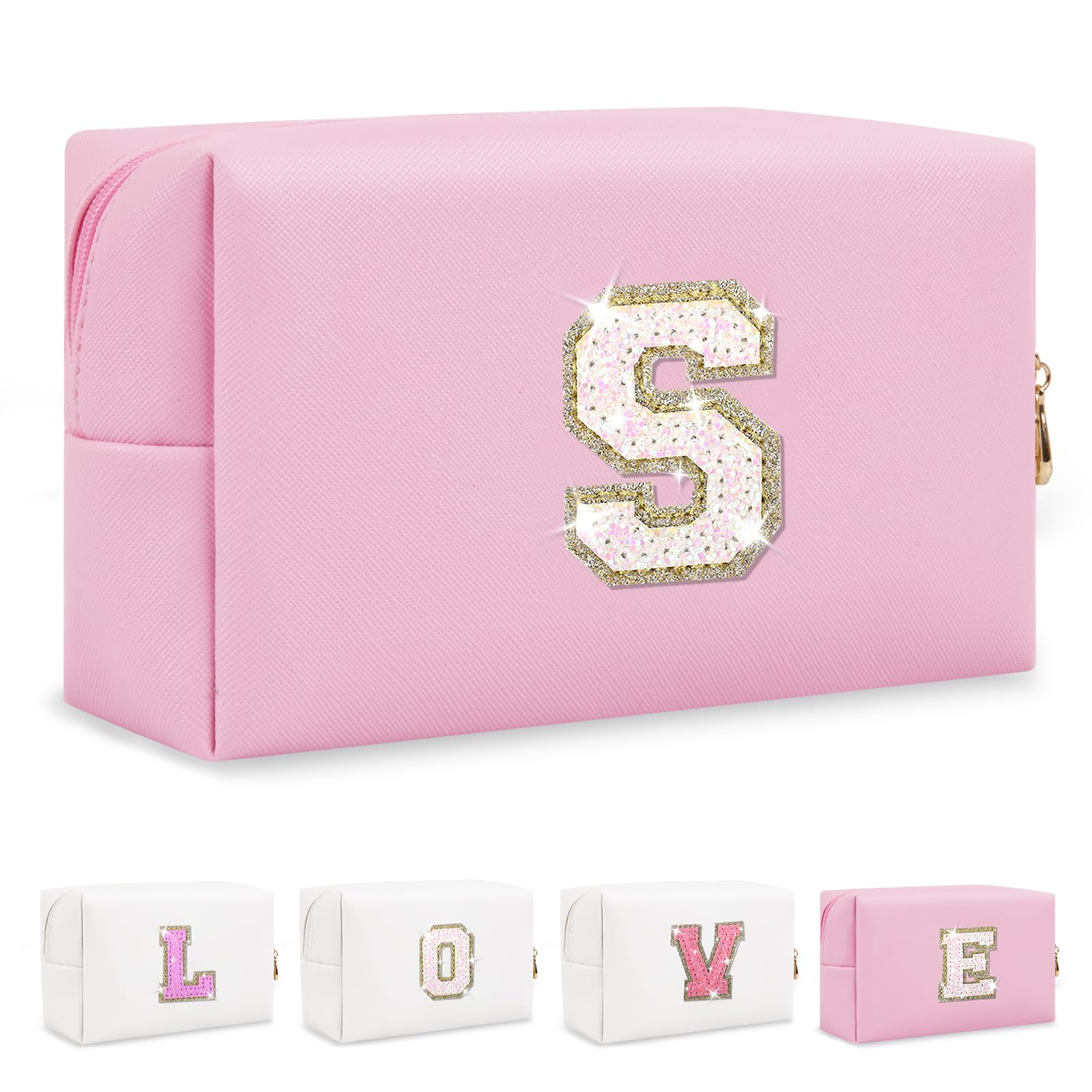 Small Personalized Initial A-Z Patch Makeup Bag,Pink Cute PU Leather Glitter Letter Cosmetic Bag for Teen Girls,Travel Toiletry Bag with Zipper,Preppy