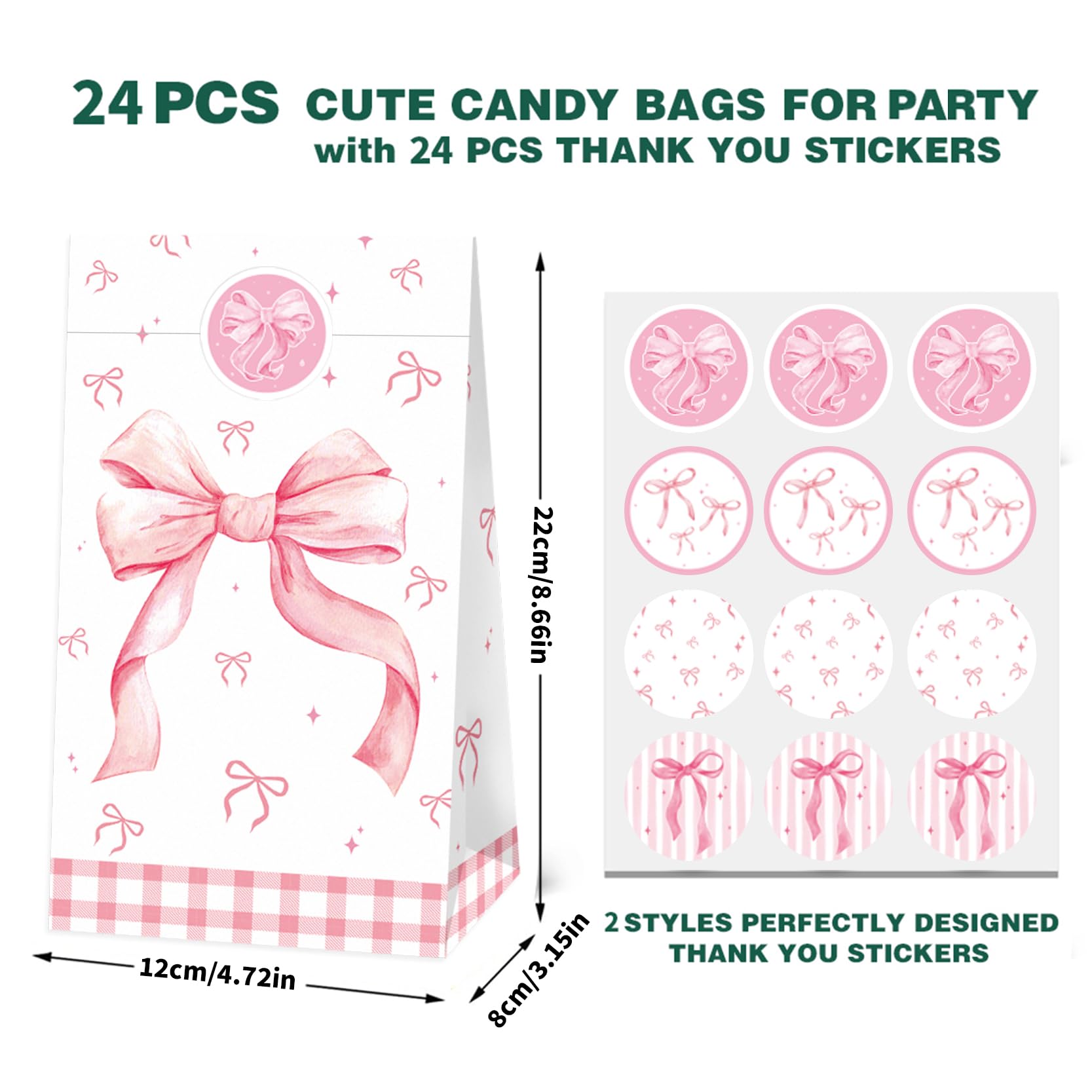 24 Pcs Pink Bow Party Paper Gifts Bags Girl Bow Birthday Party Treat Bags, Coquette Birthday Goodie Candy Bags for Bow Bridal Hot Pink Bachelorette Party Supplies(24-Bow-Bags)