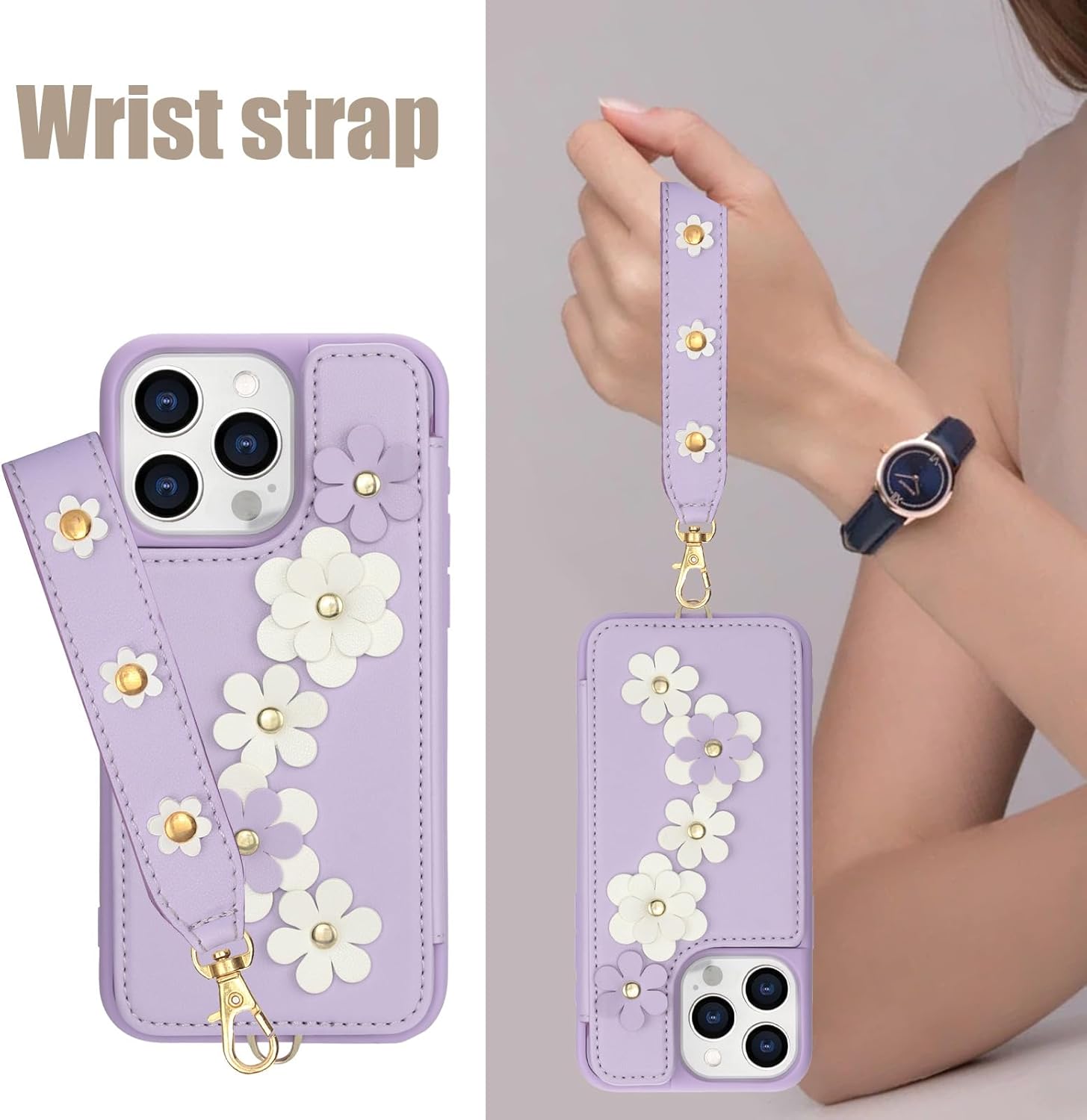 Wallet Case Compatible with iPhone 14 pro max with Lanyard for Women Girls Flower PU Leather Cover with Card Holder and Wrist Strap Flip Cover with Stand 4 Card Slots Protective Case,Purple