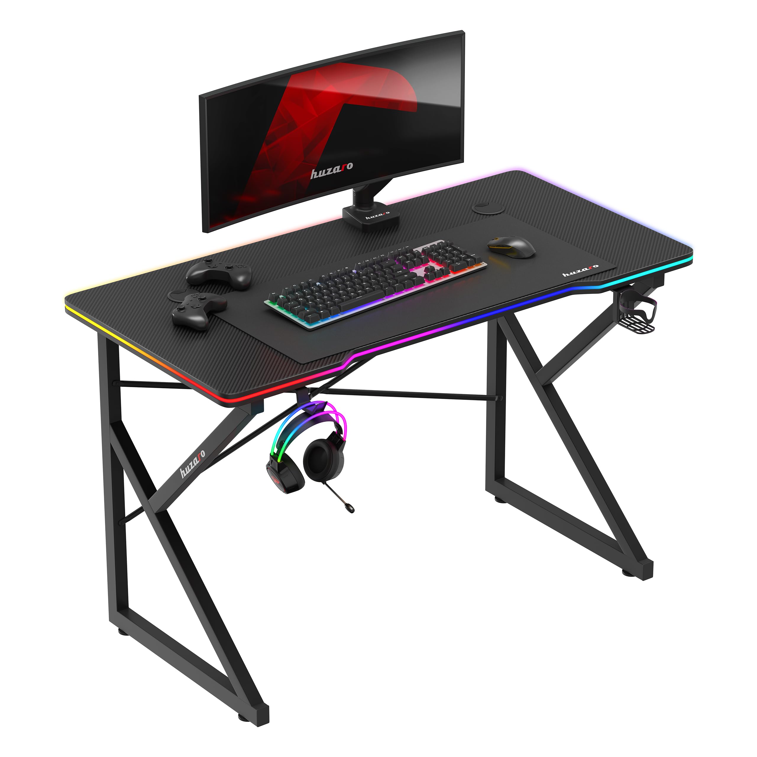 huzaro Hero 1.7 RGB Black, biurko gamingowe z oświetleniem LED, stolik pod komputer, 120 x 60 cm, hak na słuchawki, uchwyt na napoje, powierzchnia z włókna węglowego, przepust kablowy, metalowa