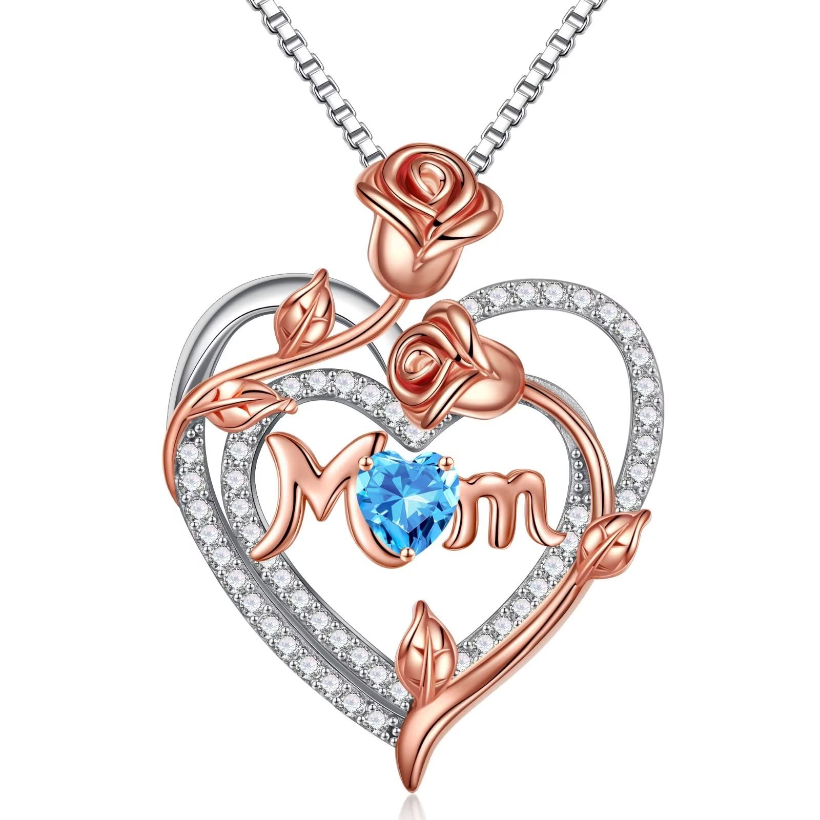 Iefil Valentines Day Gifts for Mom - 925 Sterling Silver Heart Necklace, Rose Heart Birthstone Necklace, Birthday Gifts for New/Step/Bonus Mom/Mother