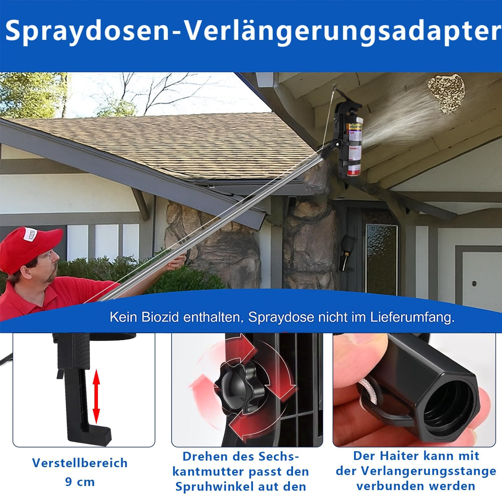 Sprühdosen-Verlängerung 3,2 m Teleskopstange – Einstellbare Spraydosen-Verlängerung mit Sprühdosenhalter für Wespenspray & Wespenschaum, Über-Kopf-Sprühen ohne Leiter, inkl. Handschuhe