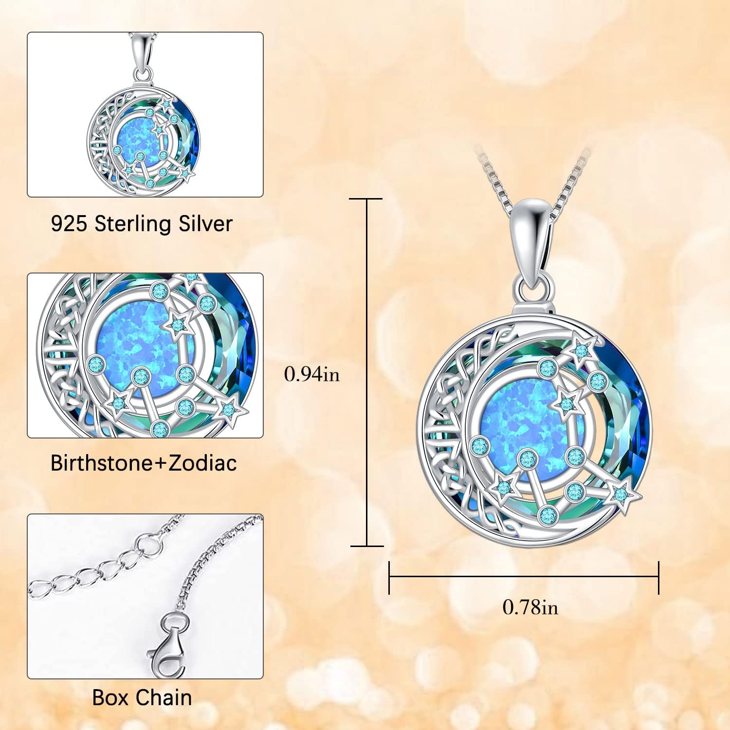 TOUPOP Zodiac Necklace 925 Sterling Silver Celtic Moon Constellation Pendant Necklaces with Blue Crystal and Blue Opal Jewelry Birthday Christmas Gifts for Women - Image 4