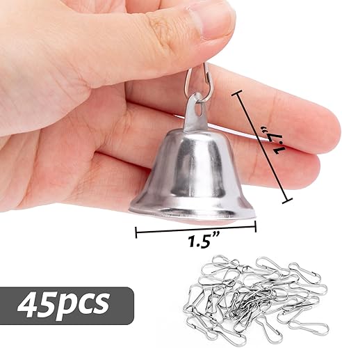 Miniatura 2 de MCPINKY 45 cascabeles plateados para manualidades, campanas pequeñas, campanas pequeñas con ganchos de resorte para colgar para campanillas de
