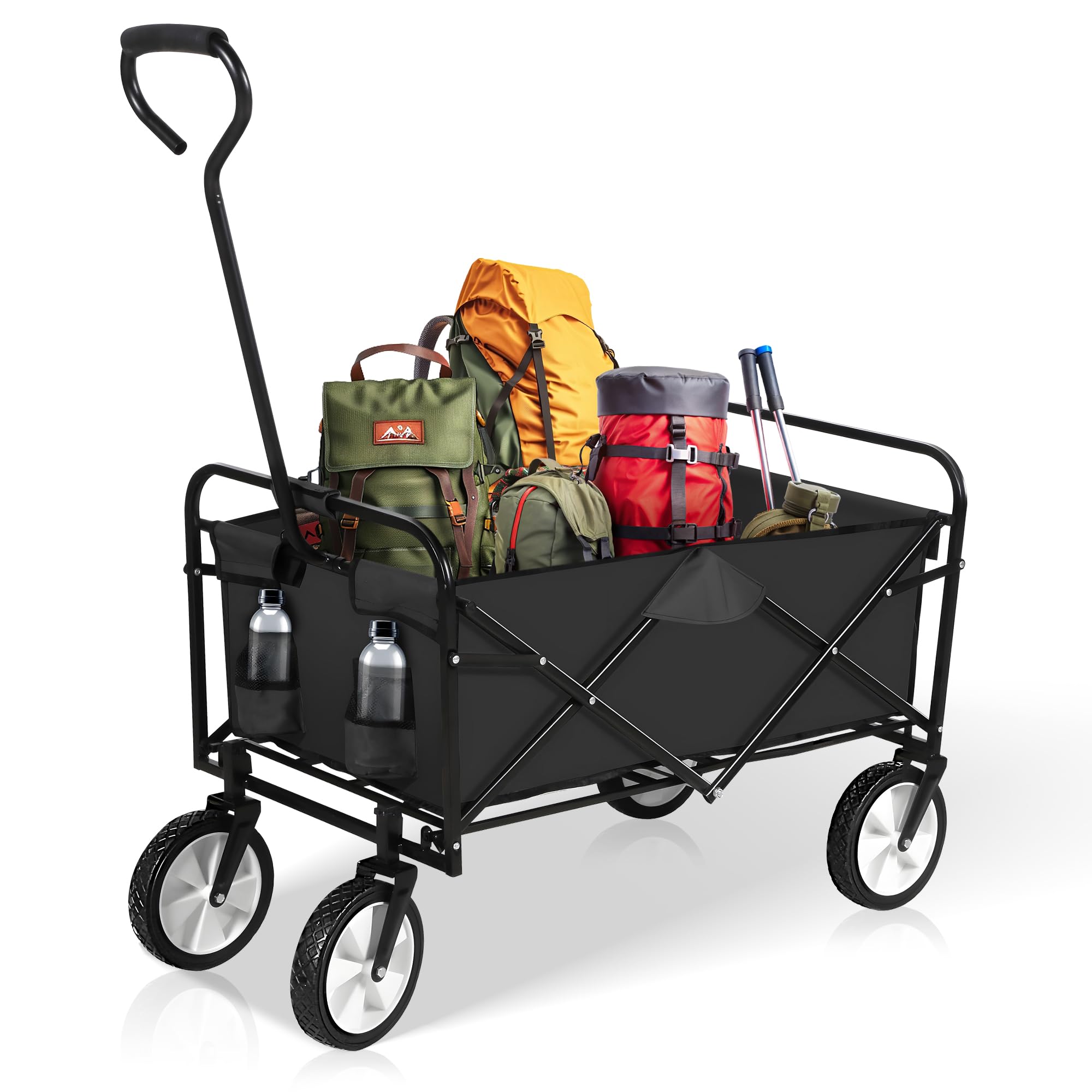 YSSOA Rolling Folding & Rolling Collapsible Garden Cart, Outdoor Camping Wagon Utility with 360 Degree Swivel Wheels & Adjustable Handle, Black 220lbs Weight Capacity (Black)