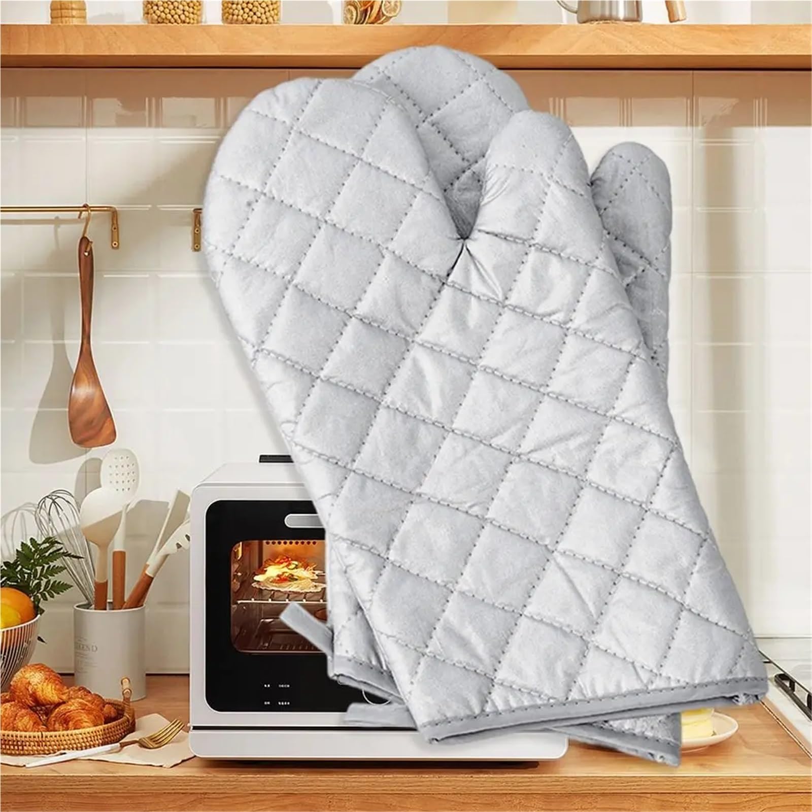 MRKU Guantes para Hornear, Guantes de Cocina con Silicona Antideslizante, Estampados de algodón, Herramientas Profesionales para Asar a la Parrilla.