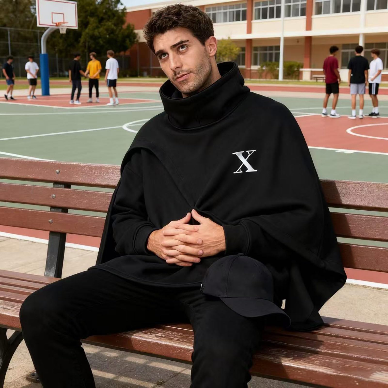 Felpa con Cappuccio Poncho Cape da Uomo Manica Lunga Pullover Collo Alto Techwear Streetwear Hoodies