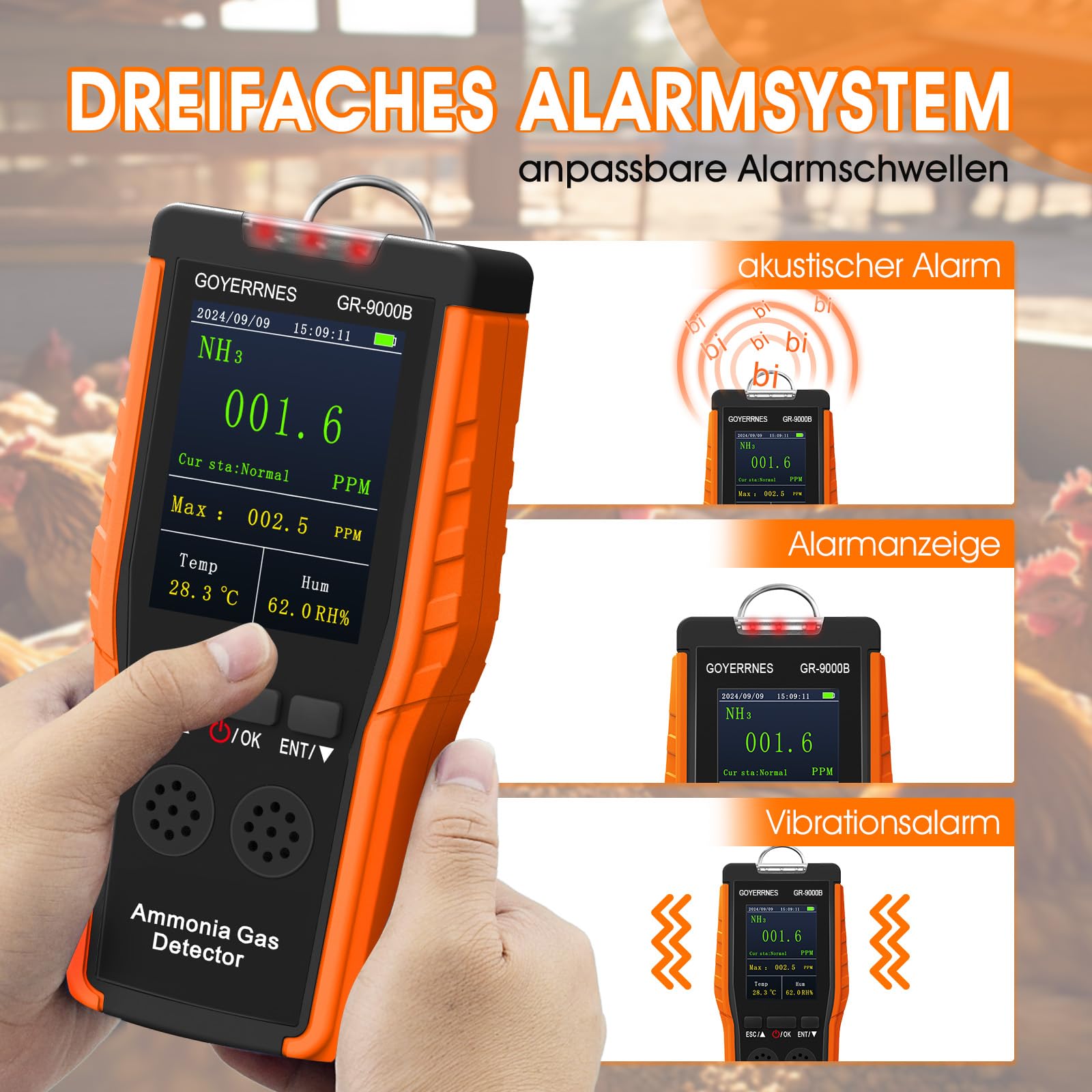 Ammoniak-Gasdetektor Tragbarer NH3 Gasdetektor mit Alarm Temperatur Luftfeuchtigkeit Digitaler Ammoniak-Dauerüberwachungssensor Bereich 0-100 PPM LCD-Bildschirm Wiederaufladbar Geeignet für Bauernhöfe