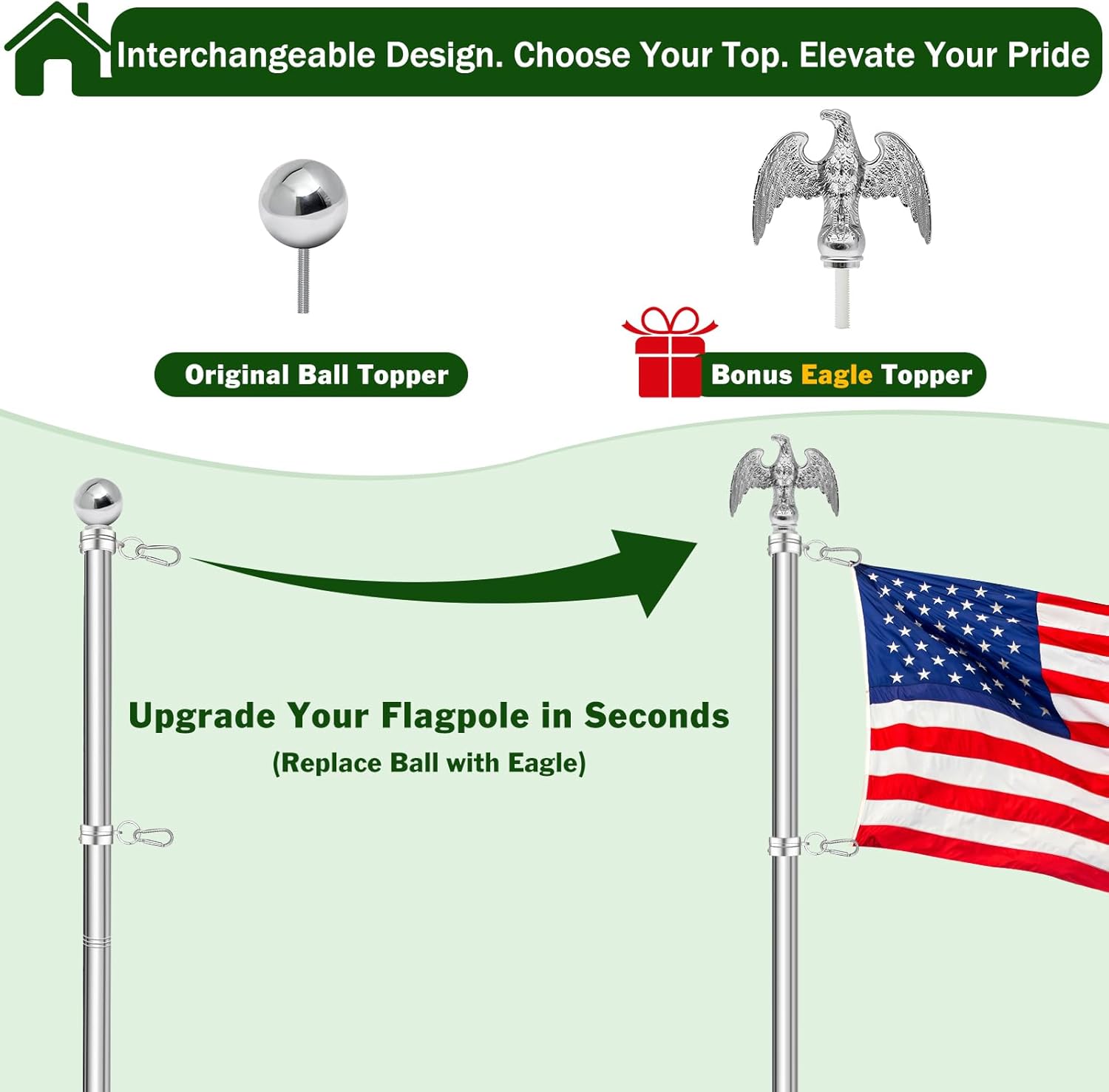 6FT Flag Pole Kit, 1 1/4 Inch (1.25”) Large Diameter Stainless Steel Flag Pole for Outside House, Outdoor Flagpole with Holder, Embroidered US Flag (Silver)