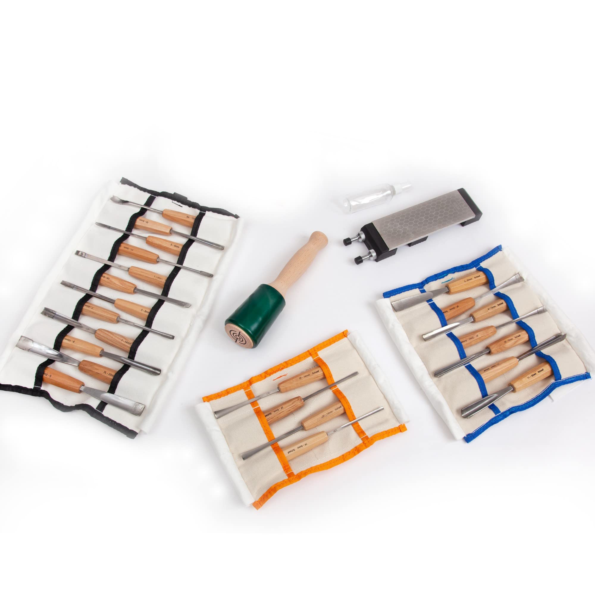 Schaaf Tools 12pc Foundation Set, 7pc Expansion Set, 4pc Fishtail Detailing Set, 400/1000 Grit Diamond Sharpening Stone and Precision Carving Mallet