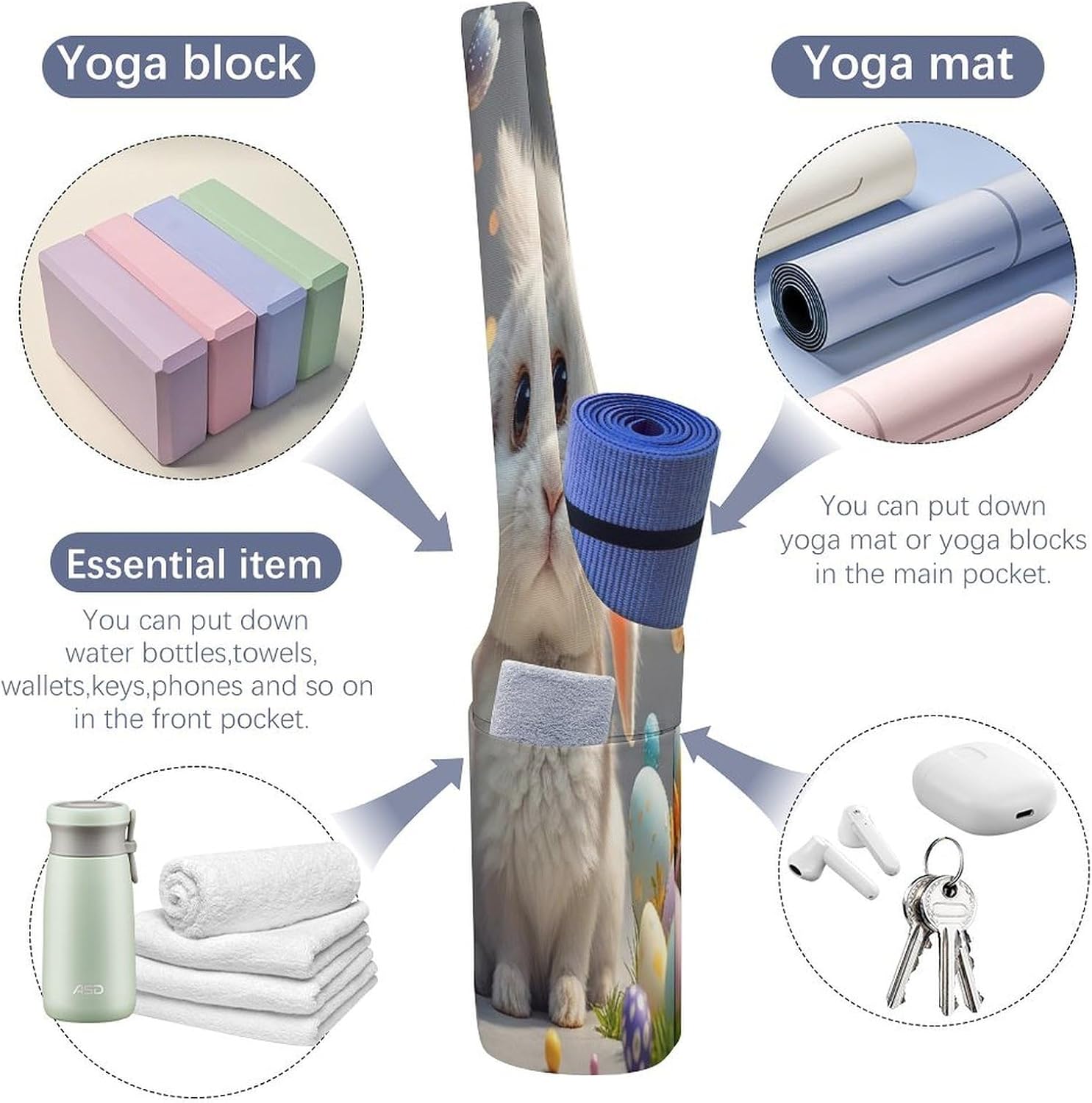 Cute Easter Bunny Yoga Mat Bag Stylish Lightweight Yoga Bag Versatile with Straps Storage Pockets Yoga Tote Yogas Mat Carrier Fits Most Size Mats image 5