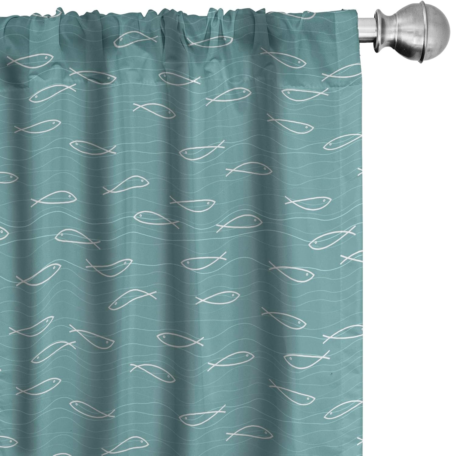 Ambesonne Wave Window Curtains, Abstract Pattern in Calm Colors and Fish Sketches Nautical Sea Animals Doodle, Lightweight Decor 2-Panel Set with Rod Pocket, Pair of - 28" x 95", White Teal