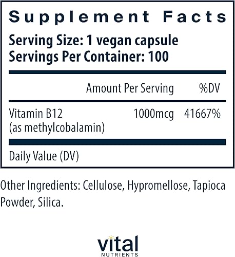 Miniatura 2 de Vital Nutrients Vitamina B12 1000mcg - Vegano - Metilcobalamina para el metabolismo, la salud cognitiva y del sistema nervioso* - Suplemento B12 de