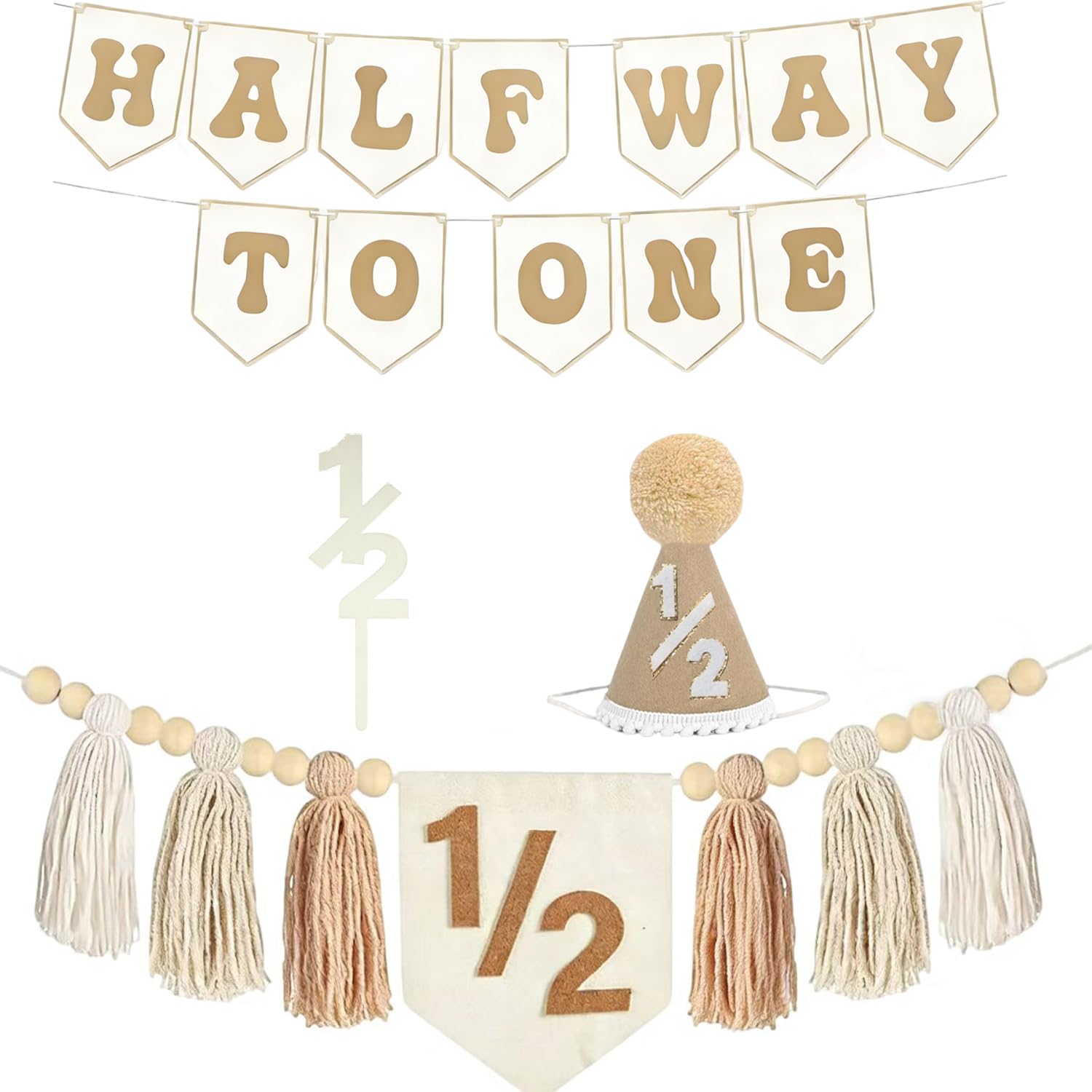 1/2 Birthday Brown Half Birthday Decorations - White Brown It's My 1/2 Birth Banner Wooden Cake Topper Tassel Wood Bead High Chair Banner & Cone, Hat Halfway to One Party Supplies — image 1