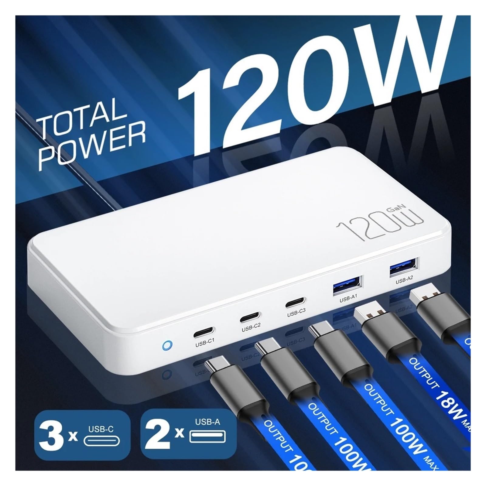 Stacja Ładująca USB C O Mocy 120 W. 5-portowa Ładowarka GaN. Hub Ładujący Do Wielu Urządzeń Laptopa MożLiwość Szybkiego łAdowania(White)
