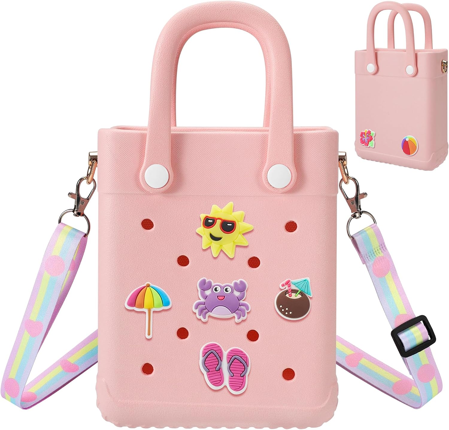 Mini Rubber Tote Bag, EVA Beach Tote for Little Girl & Women, Small Bag with 20 Charms & Adjustable Shoulder Strap