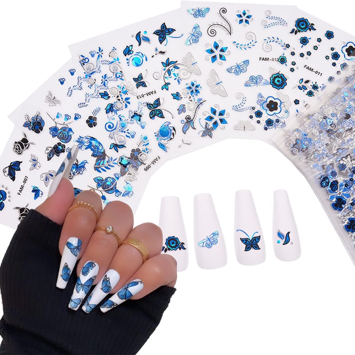 INOG 30 Sheets Flower Nail Art Stickers, White Flower with Rhinestones Designs Nail Decals 3D Self Adhesive Nail Stickers NailArt Supplies White Flower Stickers for Nails (Blue) - Image 2 thumbnail