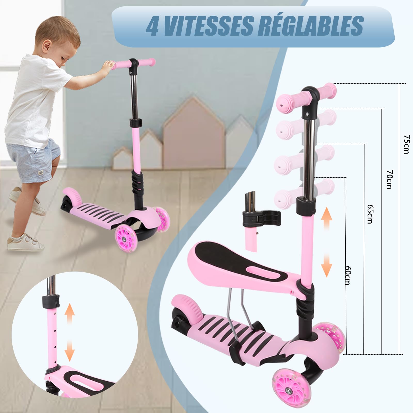 Patinete infantil 3 en 1 con asiento – Draisienne y patinete de 3 ruedas, montaje fácil, altura ajustable, LED ruedas, bandeja antideslizante – para niña/niño de 2 a 8 años