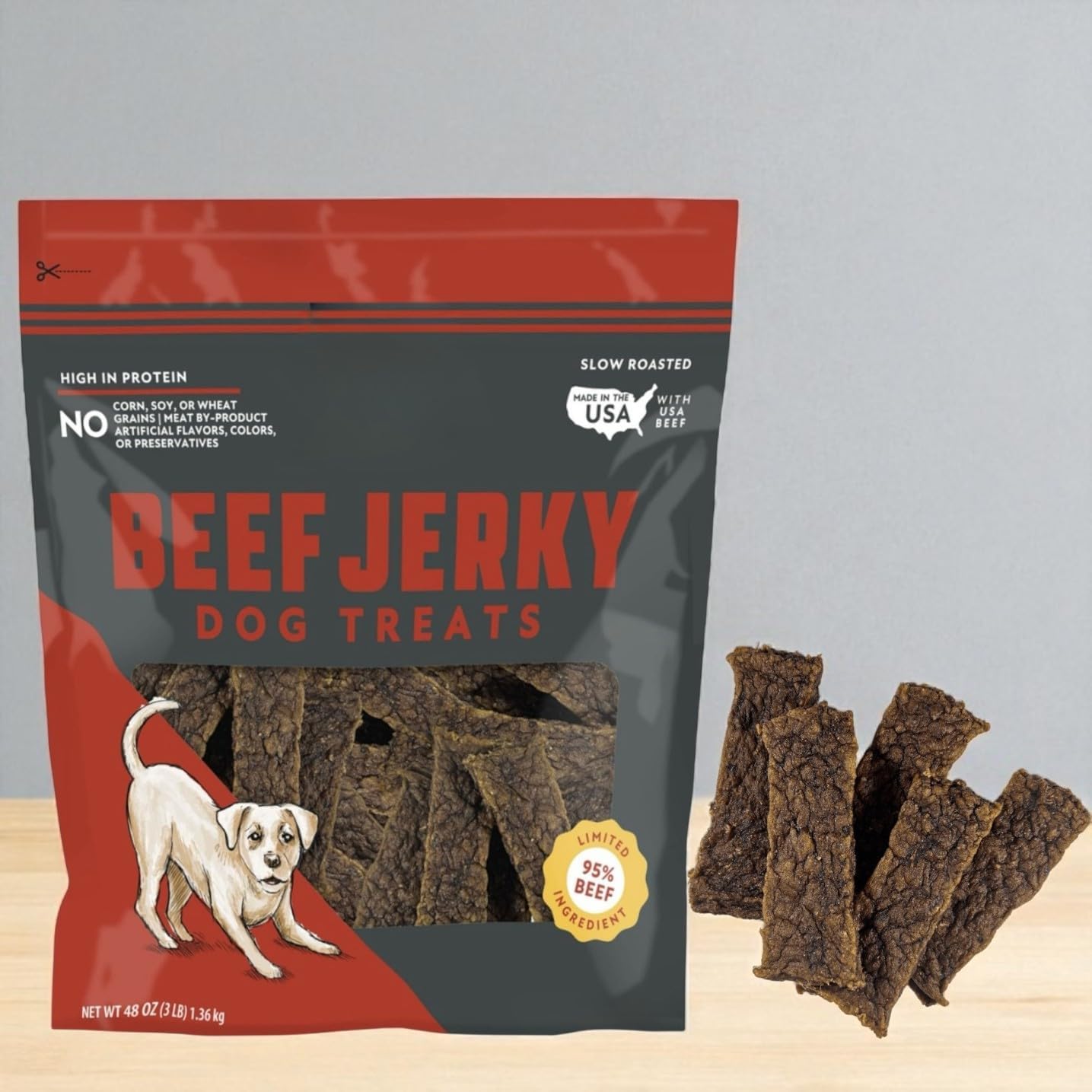 Member Mark Inspired Beef Jerky Dog Treats – 48 oz Bag, US-Sourced Beef, 3 Ingredients Only, Grain-Free, No Fillers, High Protein, Oven Roasted