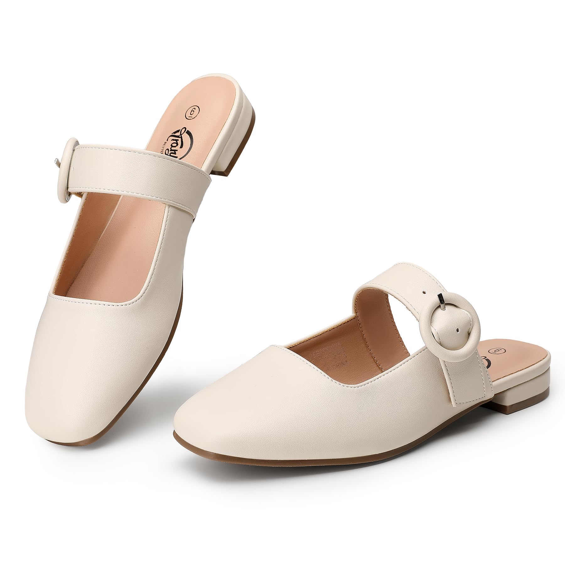 Trary Mules for Woman Mary Jane Flat Shoes Slip on Comfortable Backless Loafers Flats Square Toe Office Casual Vintage