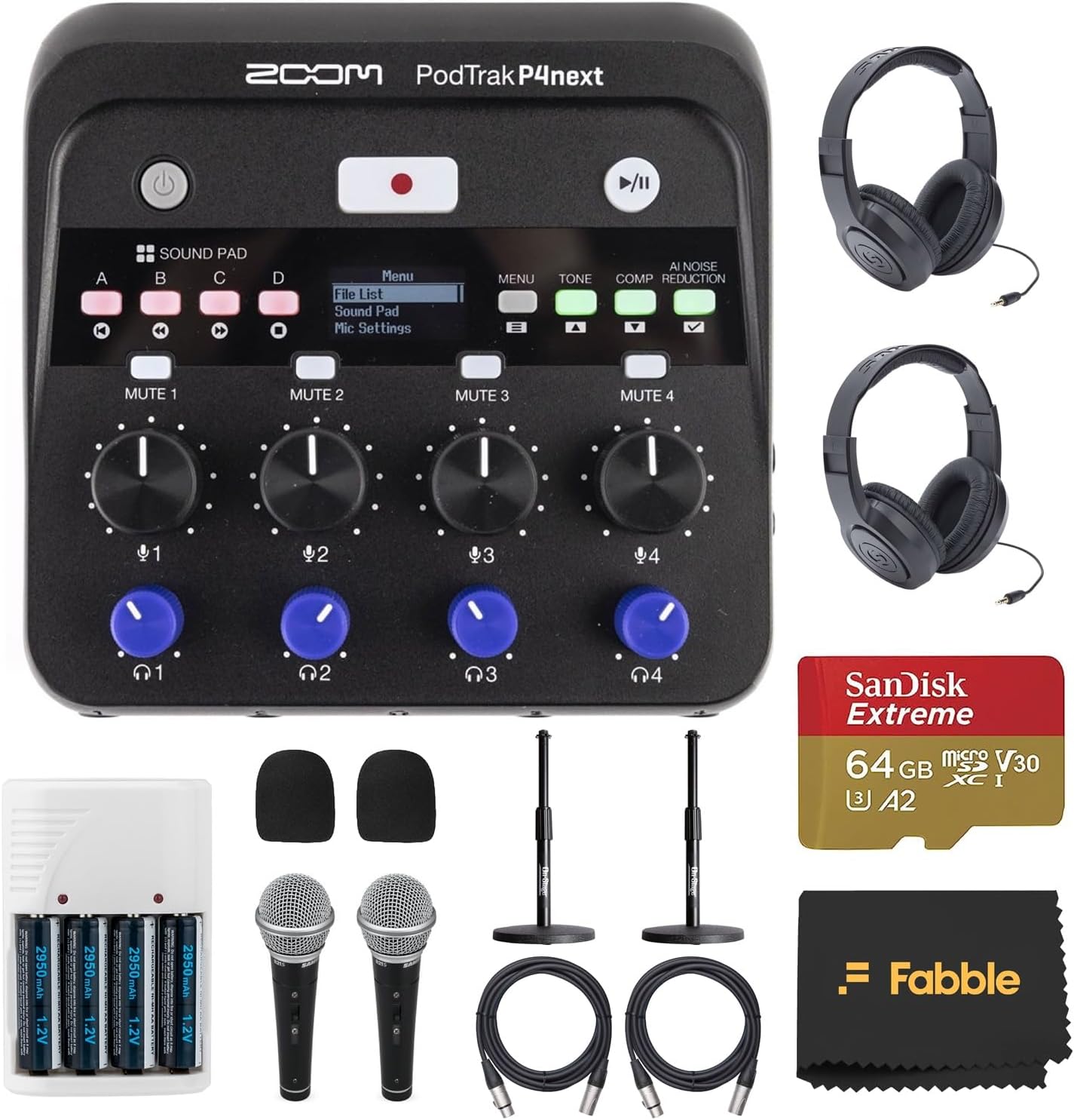 Zoom PodTrak P4next Portable Multitrack Podcast Recorder Bundle with 2 Samson R21S Microphones, SR350 Headphones, Desktop Mic Stands, XLR Cables, 64GB microSDXC Card and AA Batteries