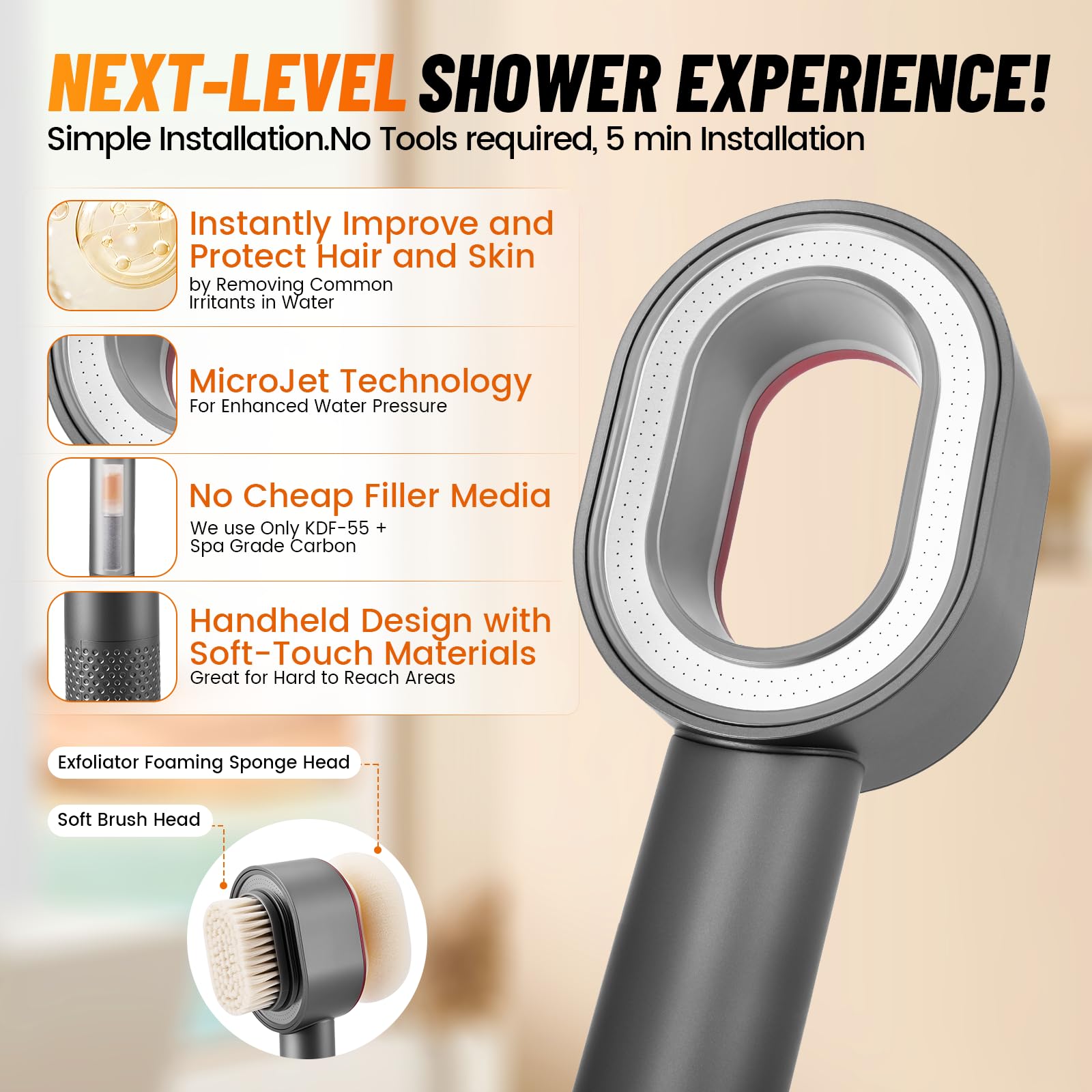 Filtersonic 3 en 1 Shower Head Doodle, cabezal de ducha de masaje de alta presión contra la cal, elimina el cloro residual del agua dura y los metales pesados + accesorios (gris)