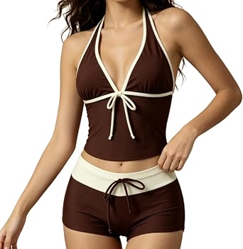 2 Piece Y2k Polka Dot Halter Bikini with Shorts Cute Beach Tankini Swimsuit Summer Vacation Going Out Outfits