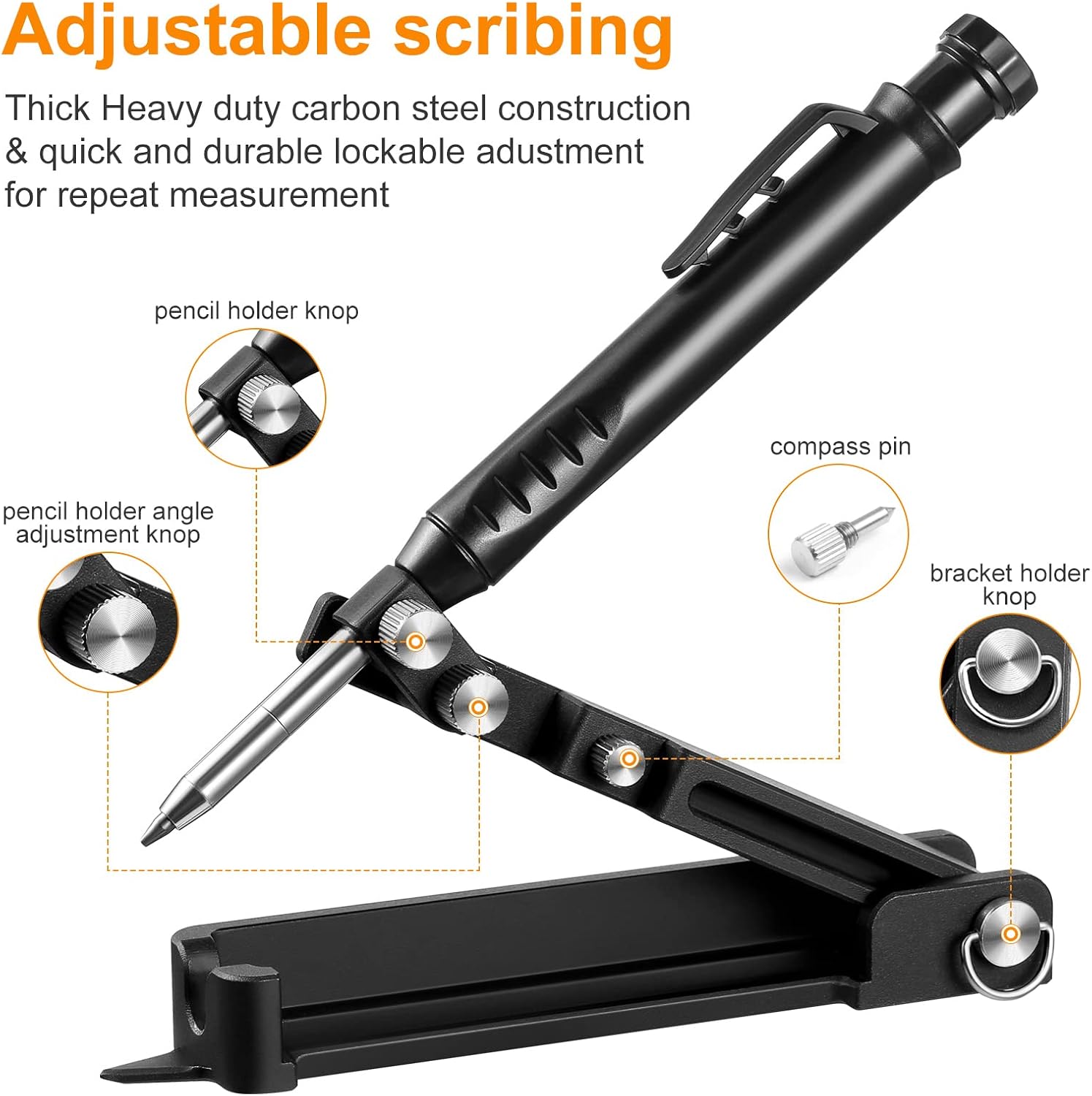 Gohelper Multi-function Scribing Tool Aluminum Alloy Scribe Tool with Deep Hole Pencil for Woodworking Compass Wood Shape Duplication Contour Gauge Scriber Line Marker Construction flooring corner
