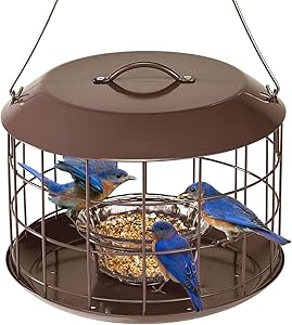 Kingsyard Bluebird Feeders for Outdoors Hanging, All Metal, Cage Bird Feeder with Tray, Squirrel Proof & Weatherproof, Easy to Refill & Clean (Brown) asin的图片