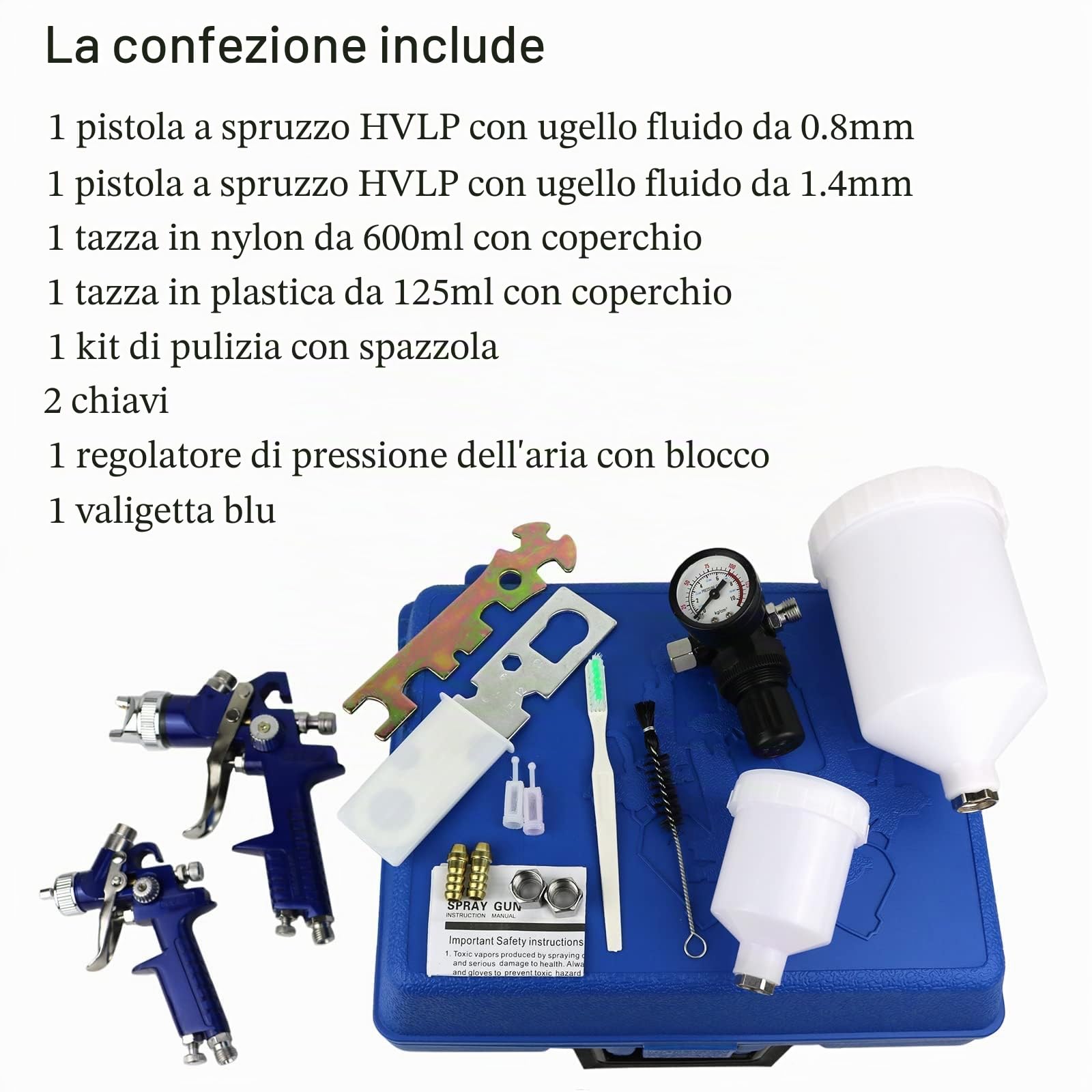 Set di 2 spruzzatori HVLP per vernice, ugello da 0,8 mm e 1,4 mm, kit professionale con pistola a spruzzo ad alimentazione a gravità ad aria, con strumento per pittura a tazza da 125 ml e 600 ml, per