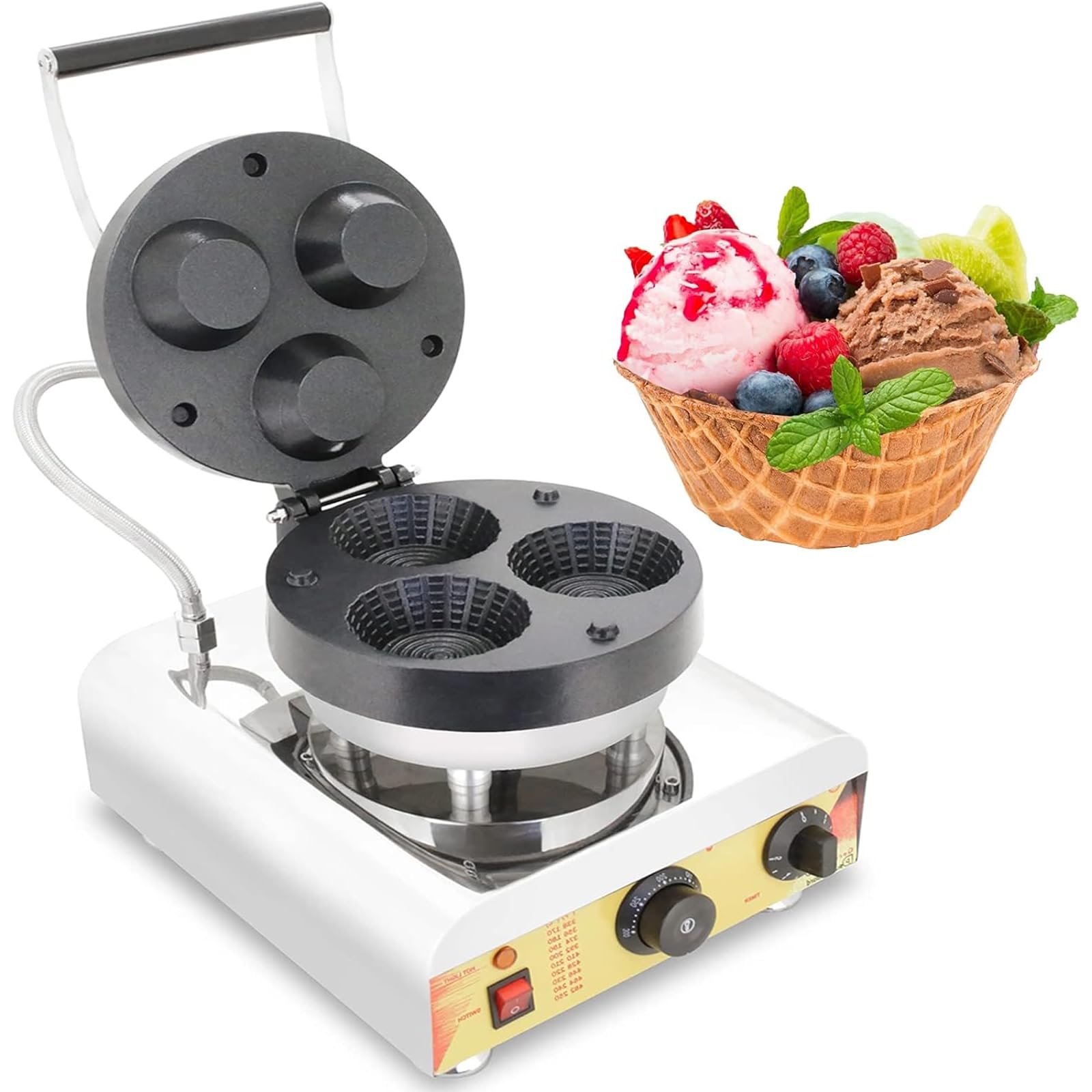 Macchina per coni waffle da 1600 W, professionale, antiaderente, con cestello per waffle e maniglia termoisolante, ideale per gelati, snack e frutta, con 3 piastre.