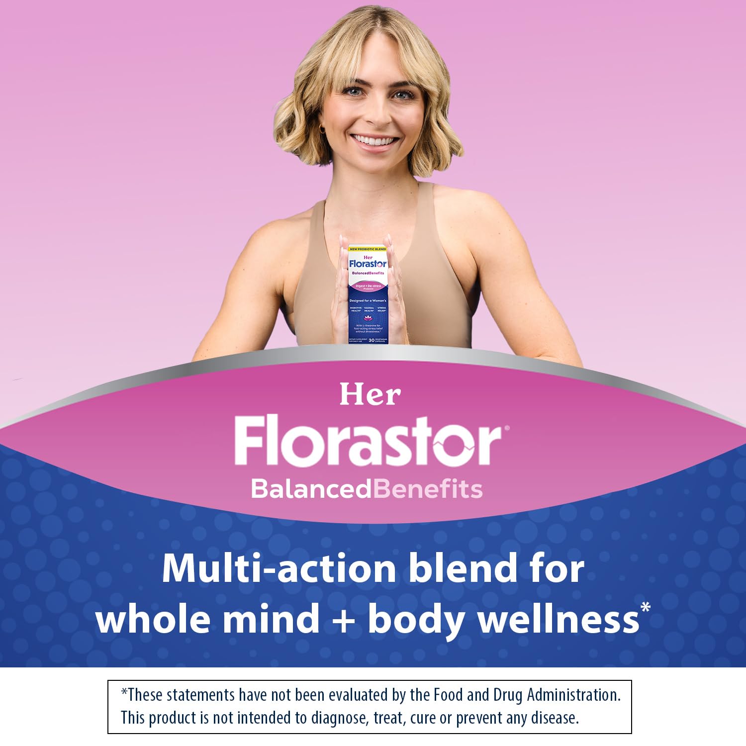 Florastor Her Digest and De-Stress Women's Probiotic and Stress Relief Supplement, Probiotics for Digestive Health, Vaginal Probiotics, and L-Theanine for Mind and Body Wellness, 30 Capsules