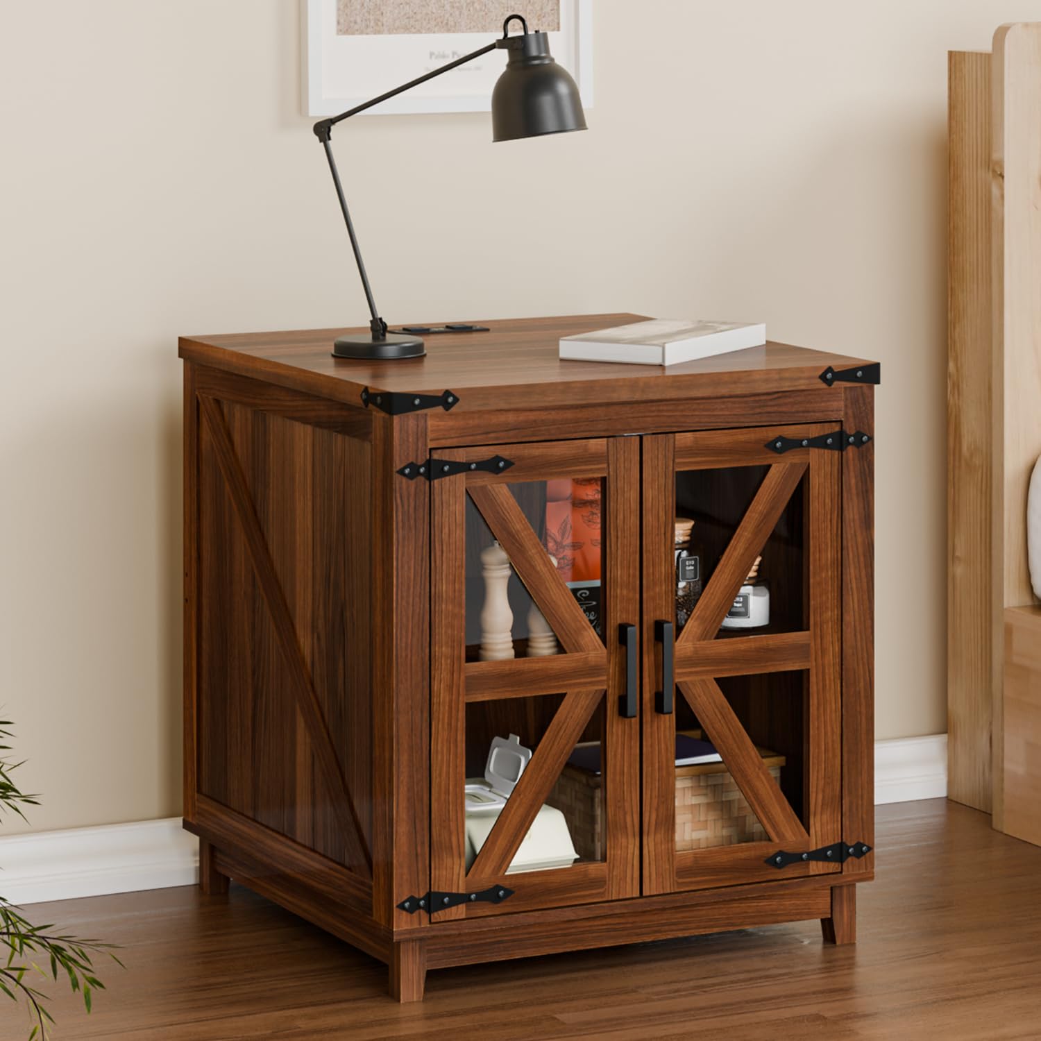 VITESSE Farmhouse End Table, 24" Large Wood Square Nightstand with Doors, Sofa Side Table with Charging Station Modern Nightstand Storage Cabinet for Living Room, Bedroom, Entryway (Brown)