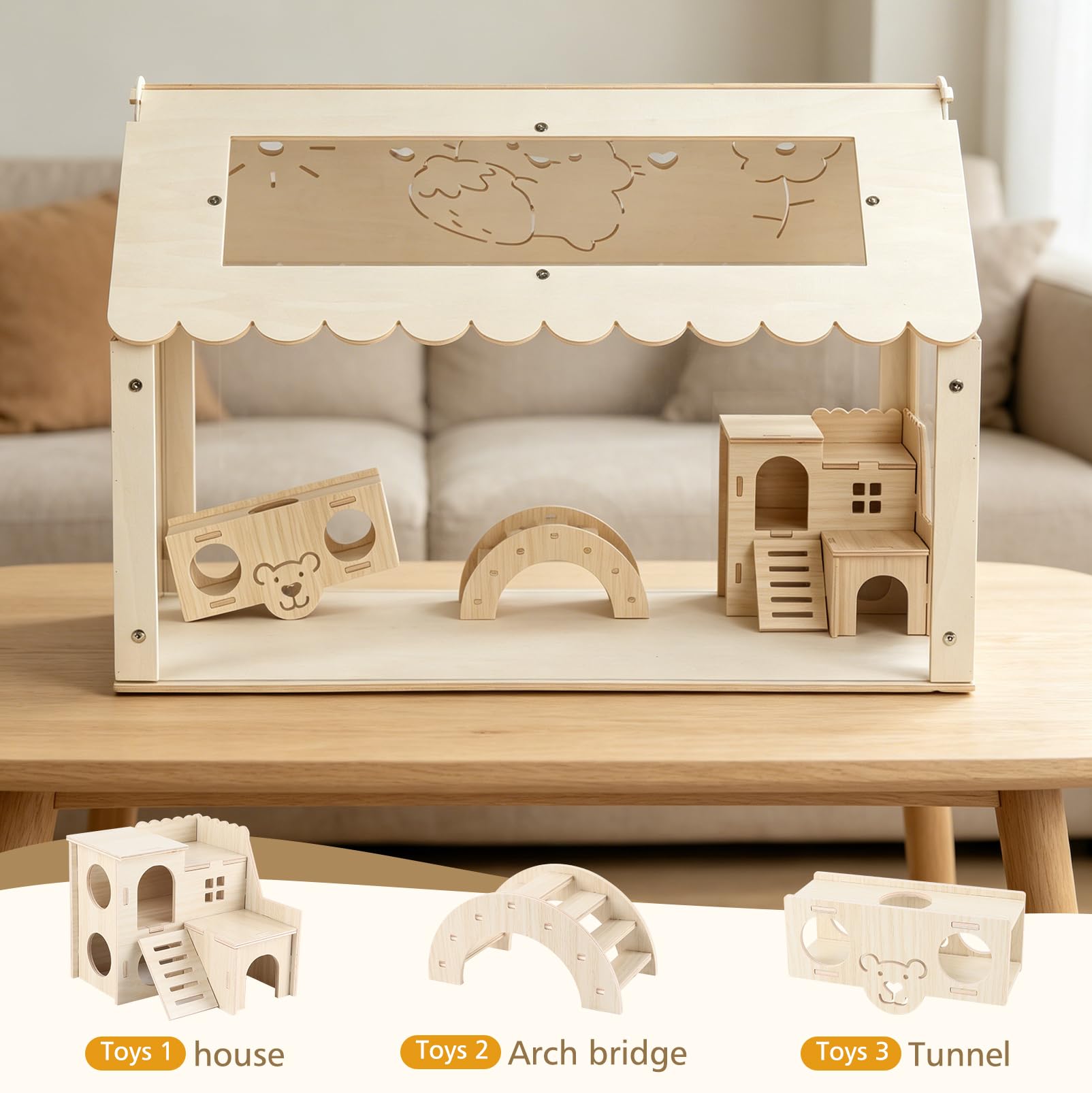 Gabbia per criceti, trasparente, per criceti, piccoli animali, 60 x 40 x 40 cm, gabbia in legno con nascondiglio in stile ville, grande impilabile per criceti siriani, roditori, topi
