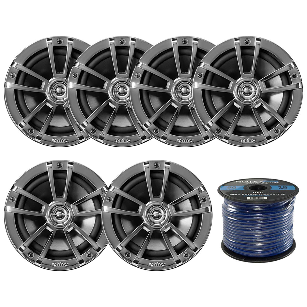 InfinityReference 622M 6.5" 225-Watt High-Performance OEM Replacement 2-Way Multi-Element Marine Chrome Speakers (Qty 6) with 2X 16 Gauge 50 ft Speaker Wire