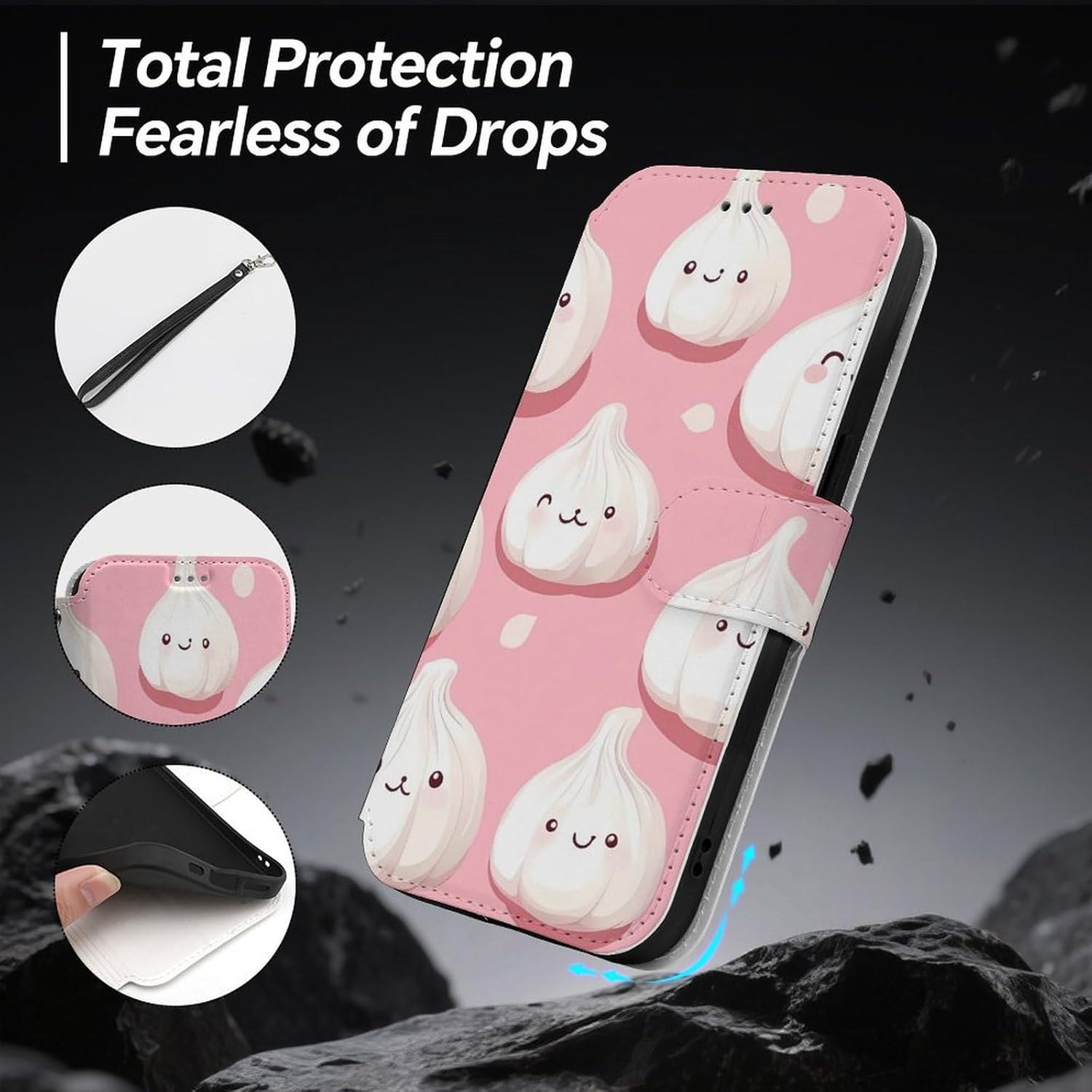 Cute Garlic Pattern Compatible with iPhone 16/16 Plus/16 Pro/16 Pro Max/16 E Case Phone Wallet Card Holder Flip Cover with Wrist Strap