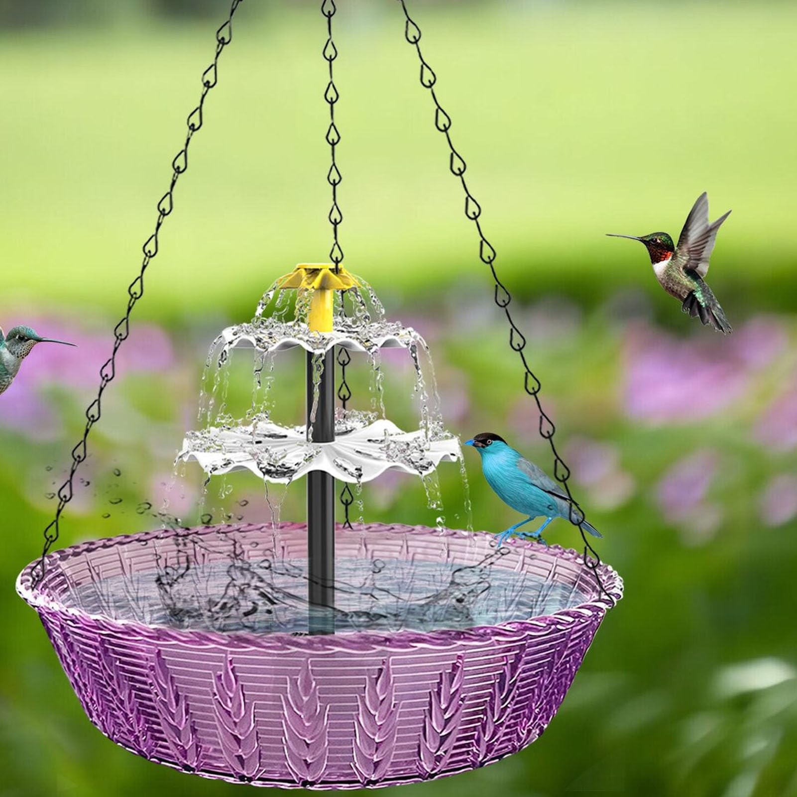 Solar-Hänge-Vogelbadbrunnen für den Außenbereich, 3-lagige kaskadierende Vogelbadschale aus Kunststoff mit Solarsprudler, Flache oder hängende Platzierung für den