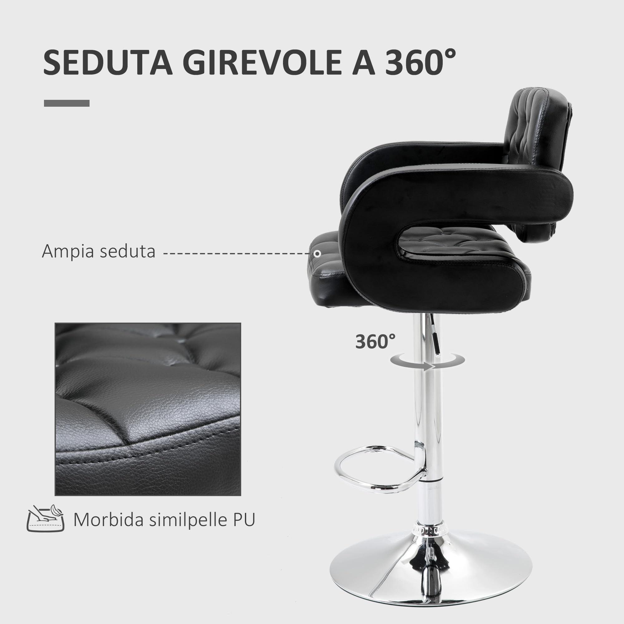HOMCOM Sgabello da Bar Alto con Schienale e Braccioli, Sgabello da Cucina Moderno Girevole con Altezza Regolabile e Poggiapiedi, in Finta Pelle, 64x50x94-114cm, Nero