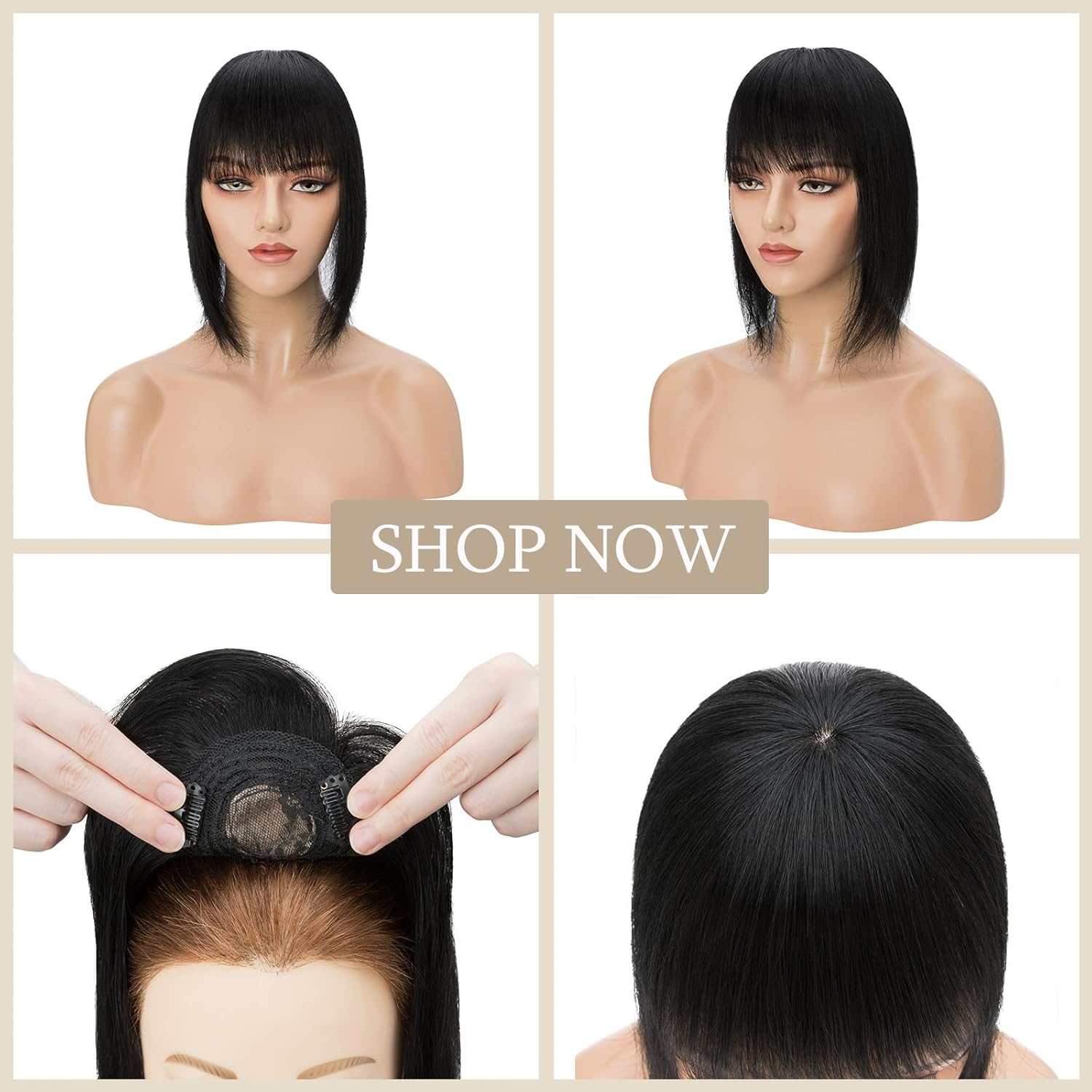 MY-LADY Top Hairpieces for Womem with Bangs Natural Mono Base Topper 100% Real Human Hair Clip in on Hair Piece Straight Middle Part for Hair Loss Thinning Hair Gray 10 Inch 1# Jet Black