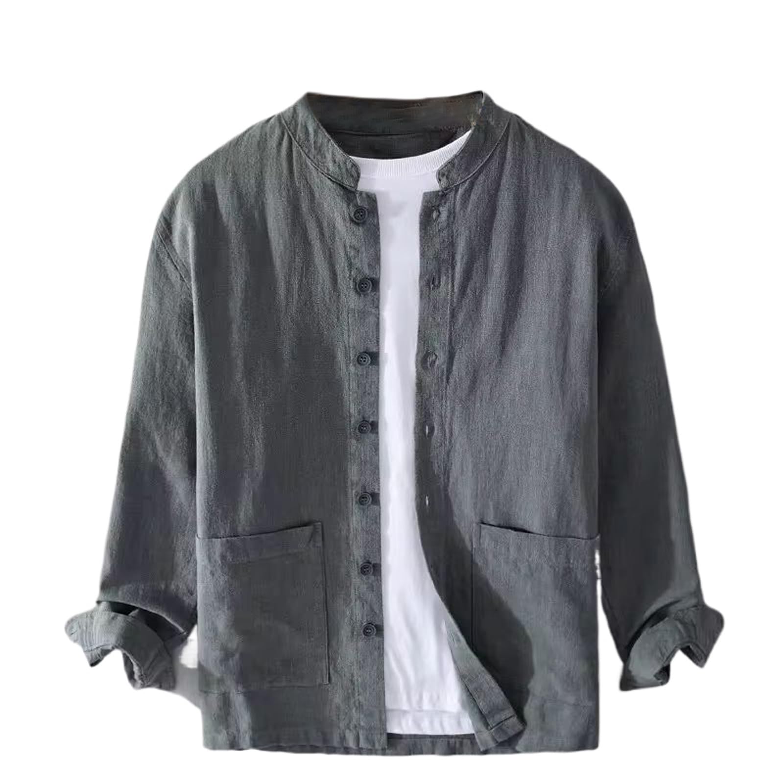 Camisas casuales de manga larga para hombre, ropa de algodón y lino, cuello alto, ropa de calle